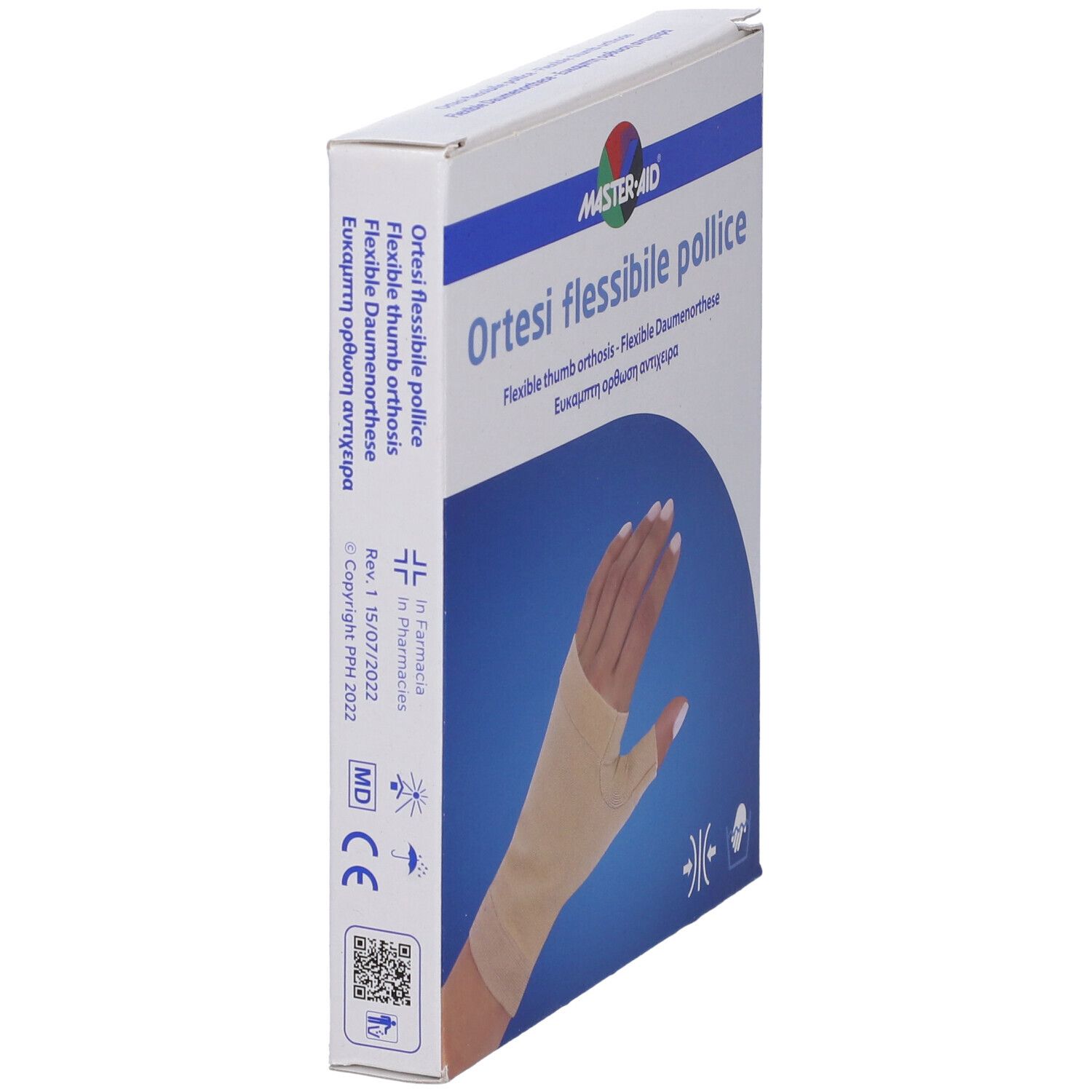 Confezione MASTER-AID Ortesi Flex Pollice, vista laterale. Ortesi beige per pollice su mano. Testo: Ortesi flessibile pollice.