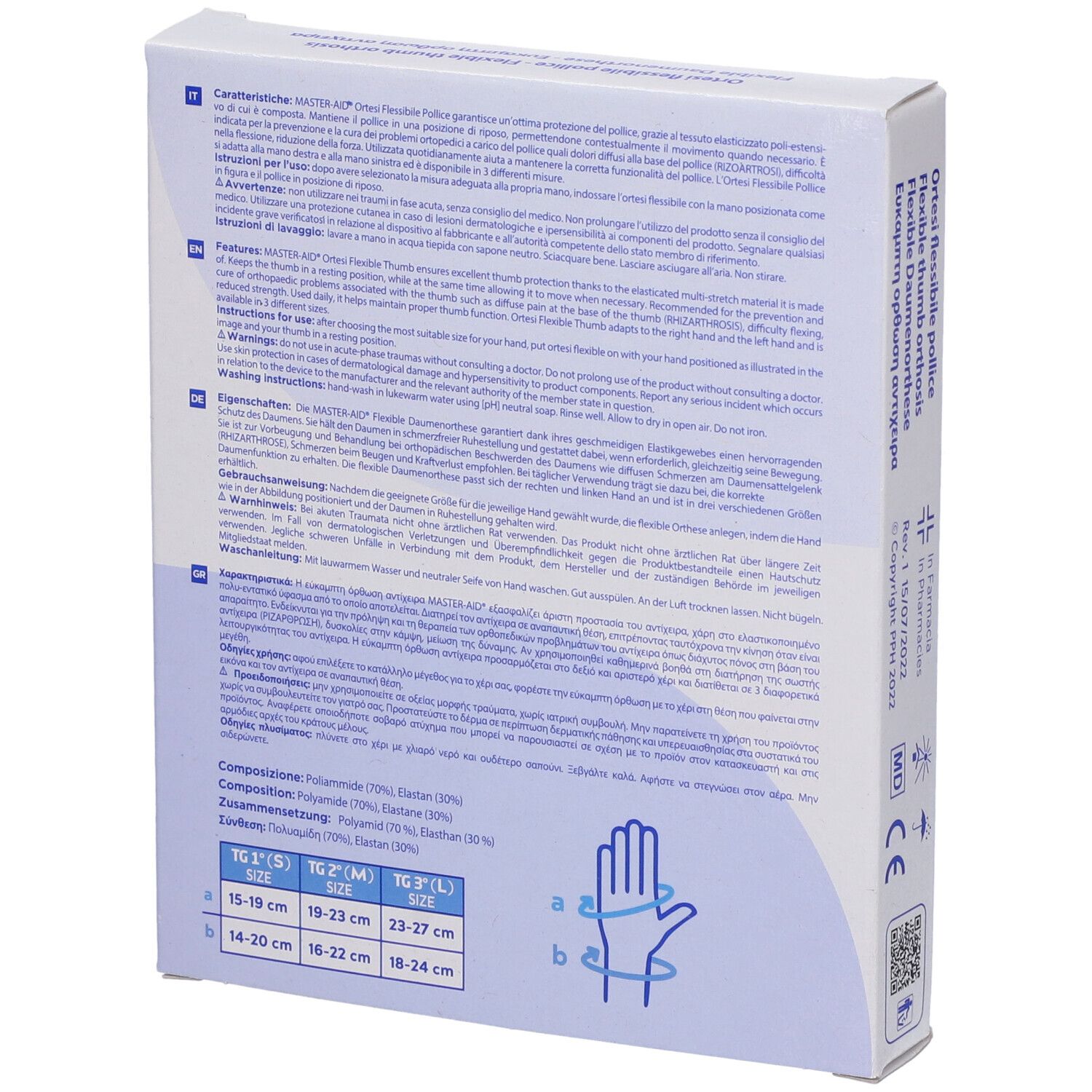 Retro della confezione MASTER-AID Ortesi Flex Pollice. Testo multilingue. Tabella taglie con misure polso.
