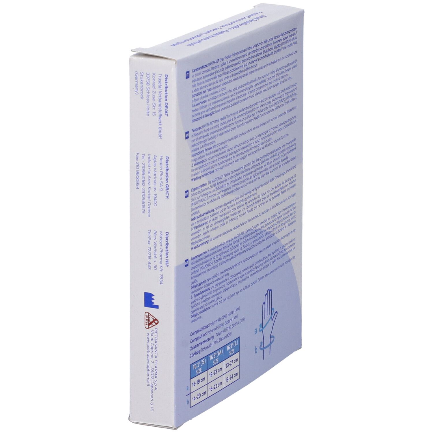 Lato della confezione MASTER-AID Ortesi Flex Pollice. Testo multilingue. Informazioni produttore e loghi.