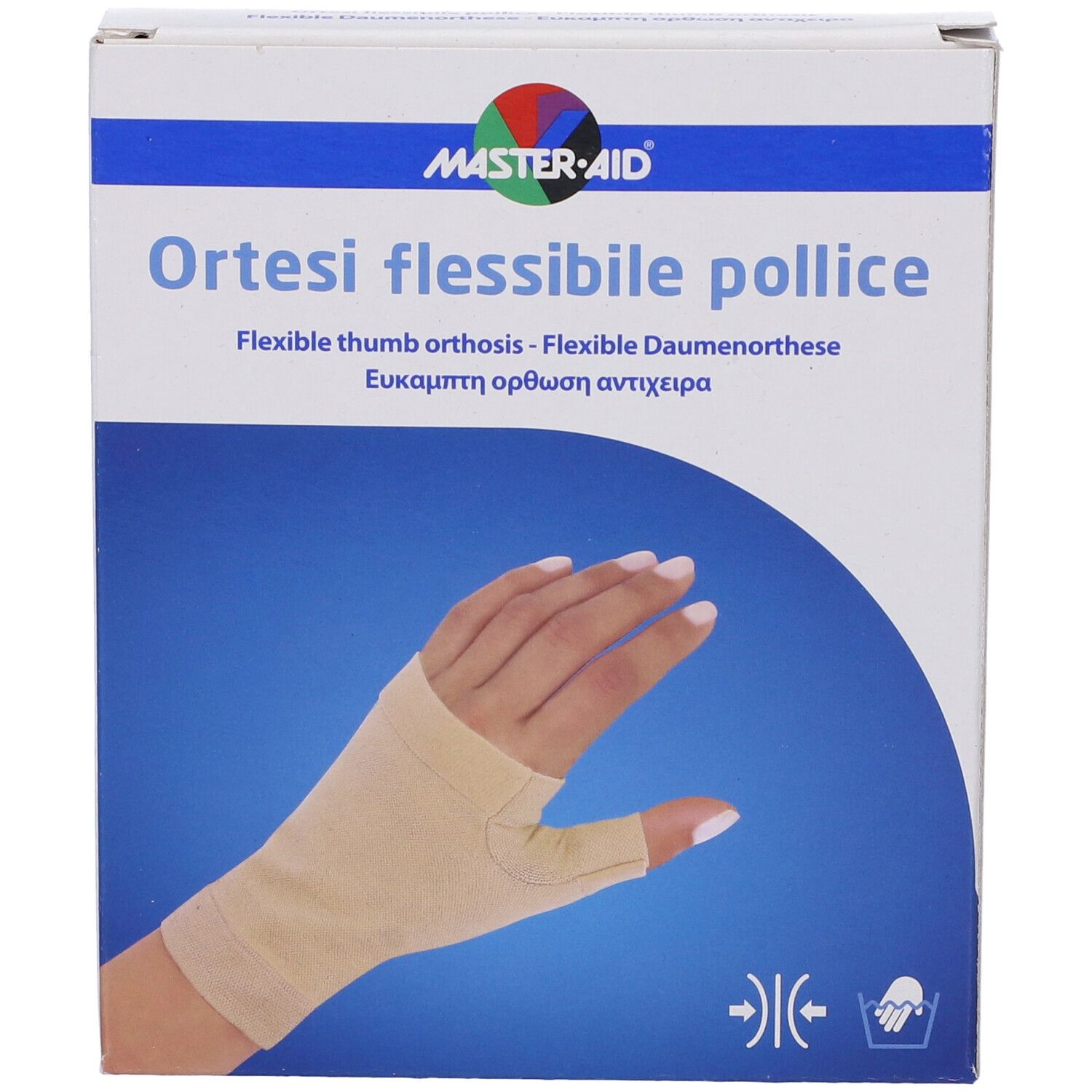 Confezione MASTER-AID Ortesi Flex Pollice. Ortesi beige per pollice su mano. Testo: Ortesi flessibile pollice.