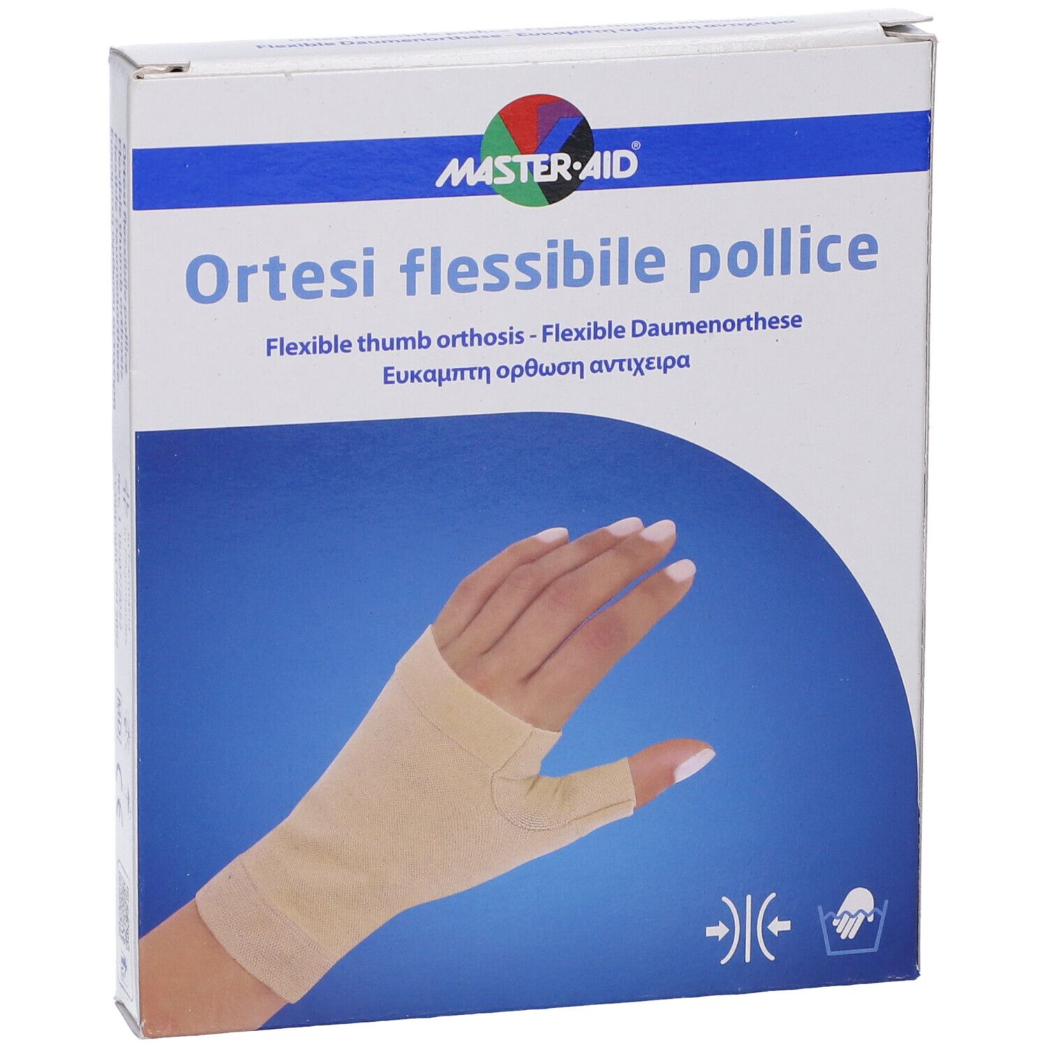 Confezione MASTER-AID Ortesi Flex Pollice. Ortesi beige per pollice su mano. Testo: Ortesi flessibile pollice.