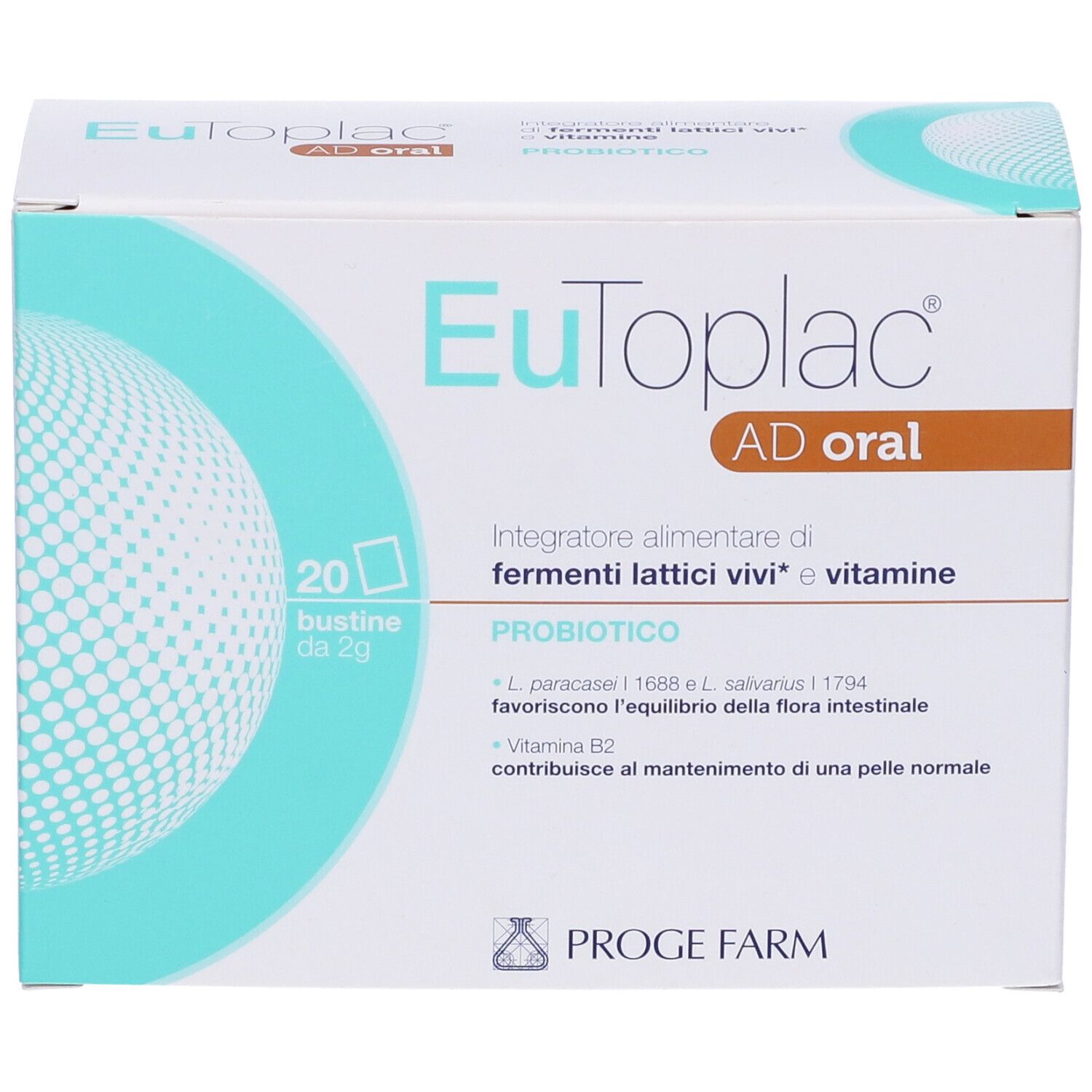 Scatola di EuToplac AD oral. Contiene 20 bustine. Scritta: Integratore alimentare di fermenti lattici vivi e vitamine. Probiotico.