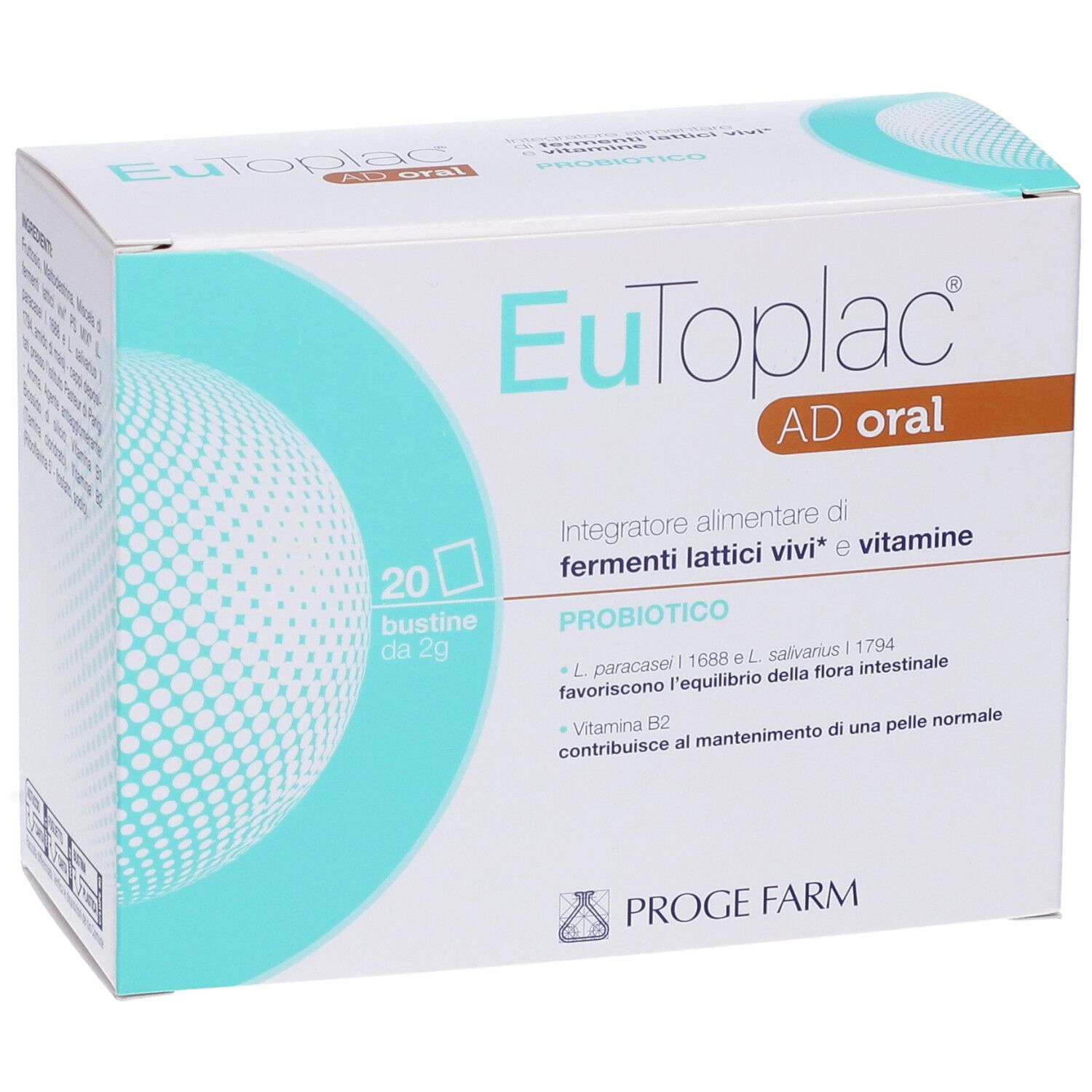Scatola di EuToplac AD oral. Contiene 20 bustine. Scritta: Integratore alimentare di fermenti lattici vivi e vitamine. Probiotico.