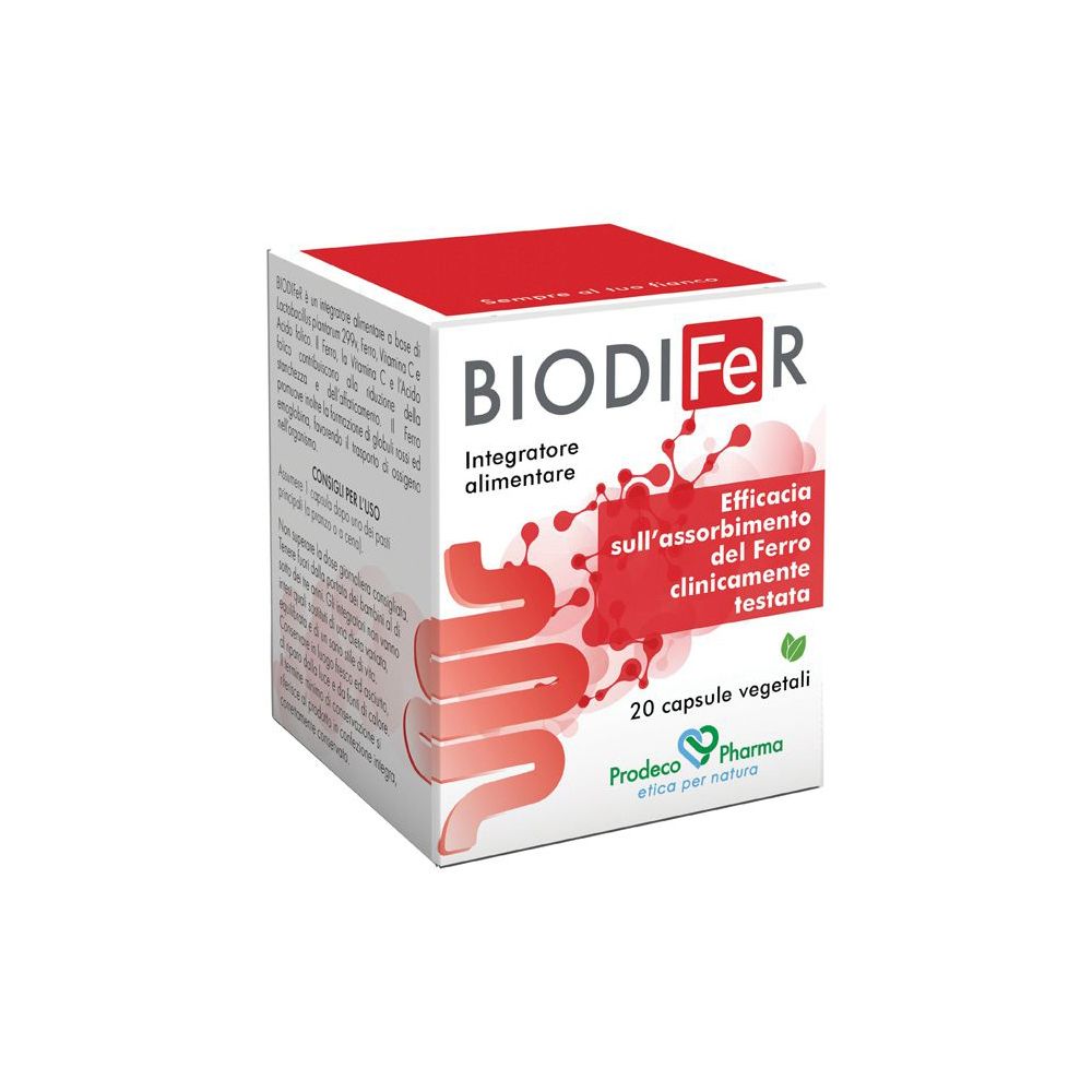 Scatola di capsule BIODIFeR. Stampa rossa con simbolo intestinale e testo. 20 capsule, clinicamente testate.