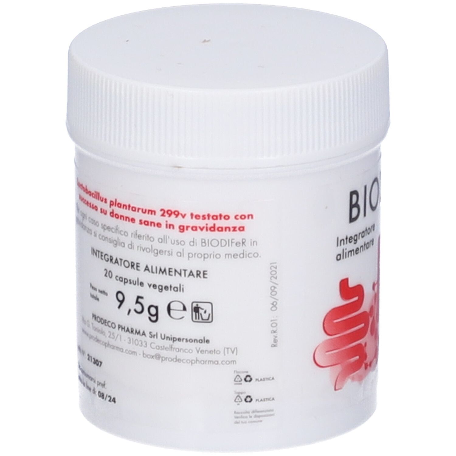 Barattolo bianco con BIODIFeR. Stampa rossa con simbolo intestinale e testo. 20 capsule. 9,5g. Coperchio sopra.