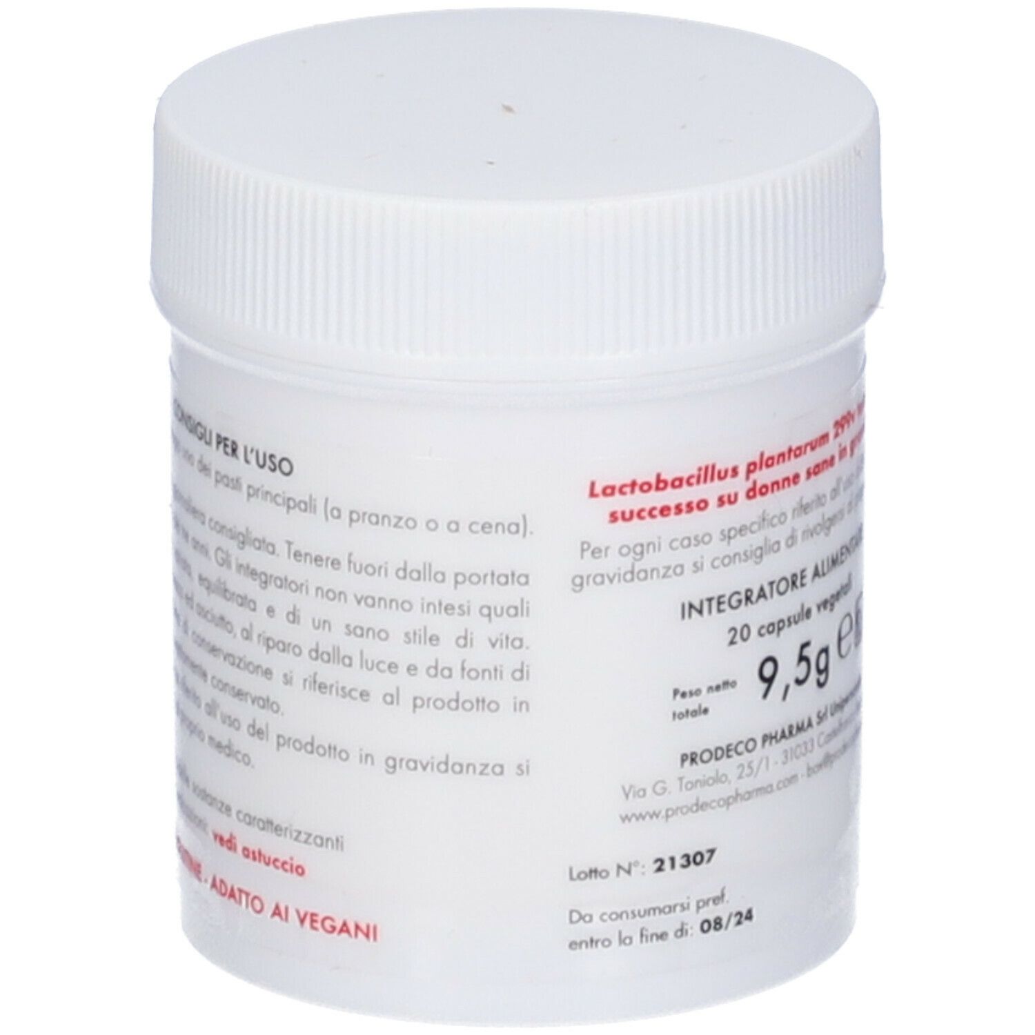 Barattolo bianco con BIODIFeR. Stampa rossa con simbolo intestinale e testo. 20 capsule. 9,5g. Coperchio sopra.