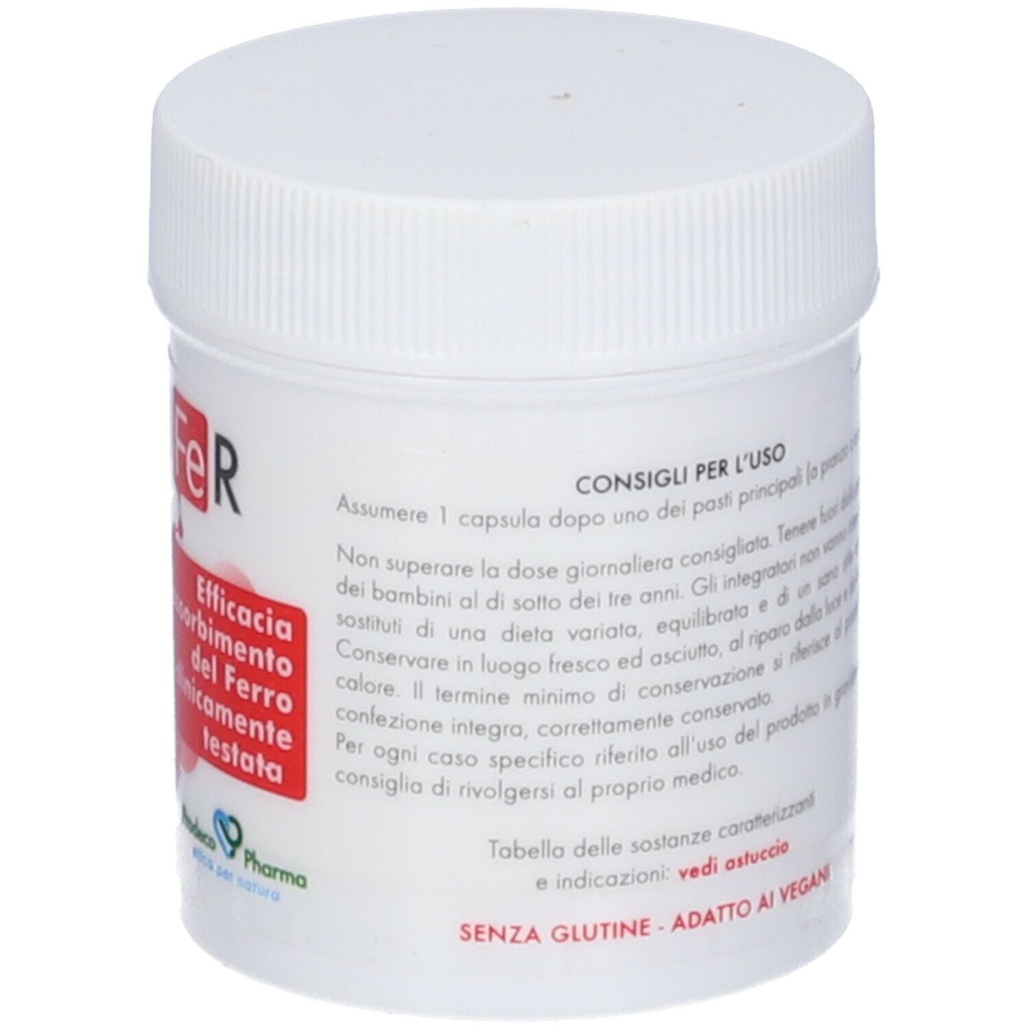 Barattolo bianco con BIODIFeR. Stampa rossa con simbolo intestinale e testo. 20 capsule. 9,5g. Coperchio sopra.