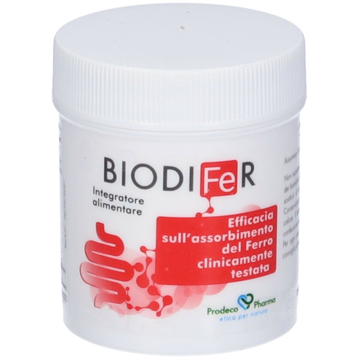 Barattolo bianco con BIODIFeR. Stampa rossa con simbolo intestinale e testo. 20 capsule. 9,5g. Coperchio sopra.