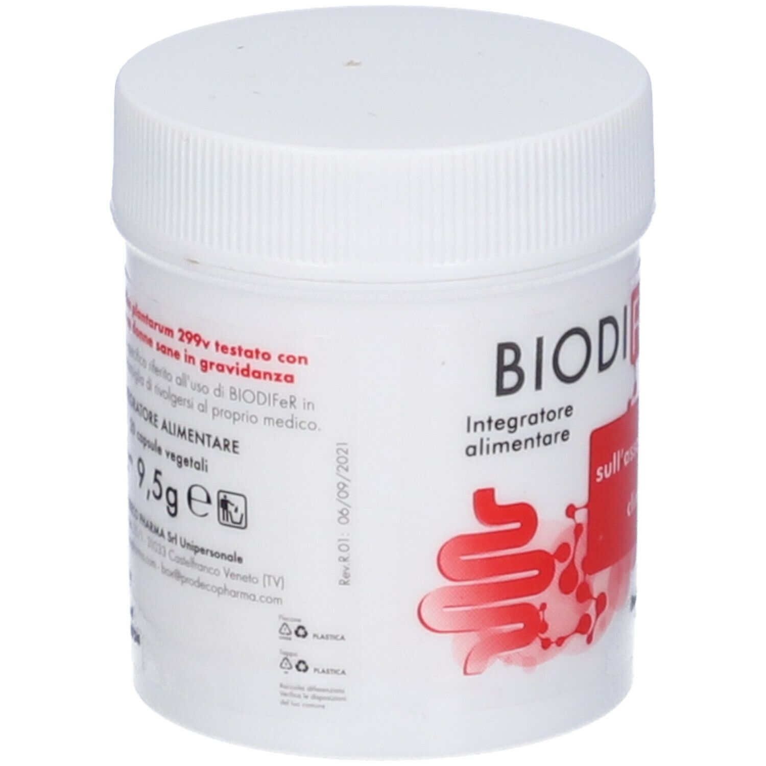 Barattolo bianco con BIODIFeR. Stampa rossa con simbolo intestinale e testo. 20 capsule. 9,5g. Coperchio sopra.