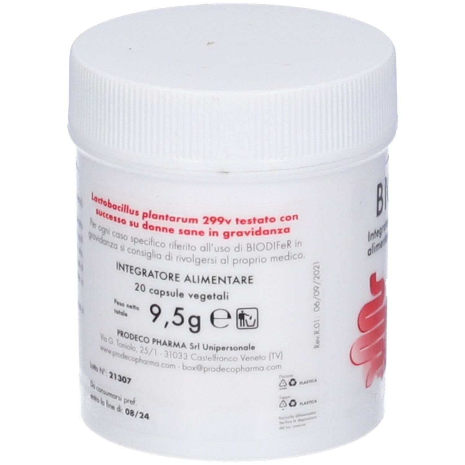 Barattolo bianco con BIODIFeR. Stampa rossa con simbolo intestinale e testo. 20 capsule. 9,5g. Coperchio sopra.