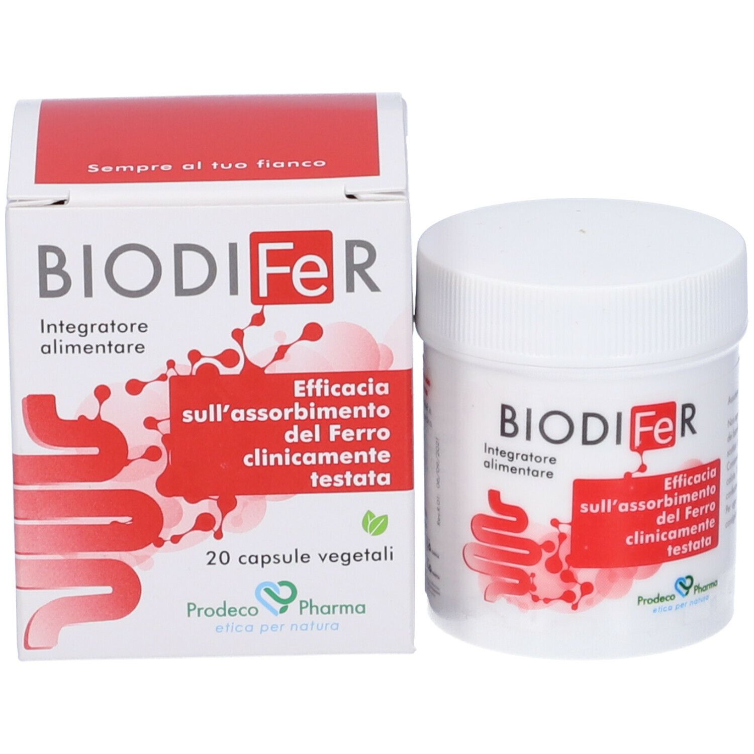 Barattolo e scatola BIODIFeR. Stampa rossa con simbolo intestinale e testo. 20 capsule, clinicamente testate.
