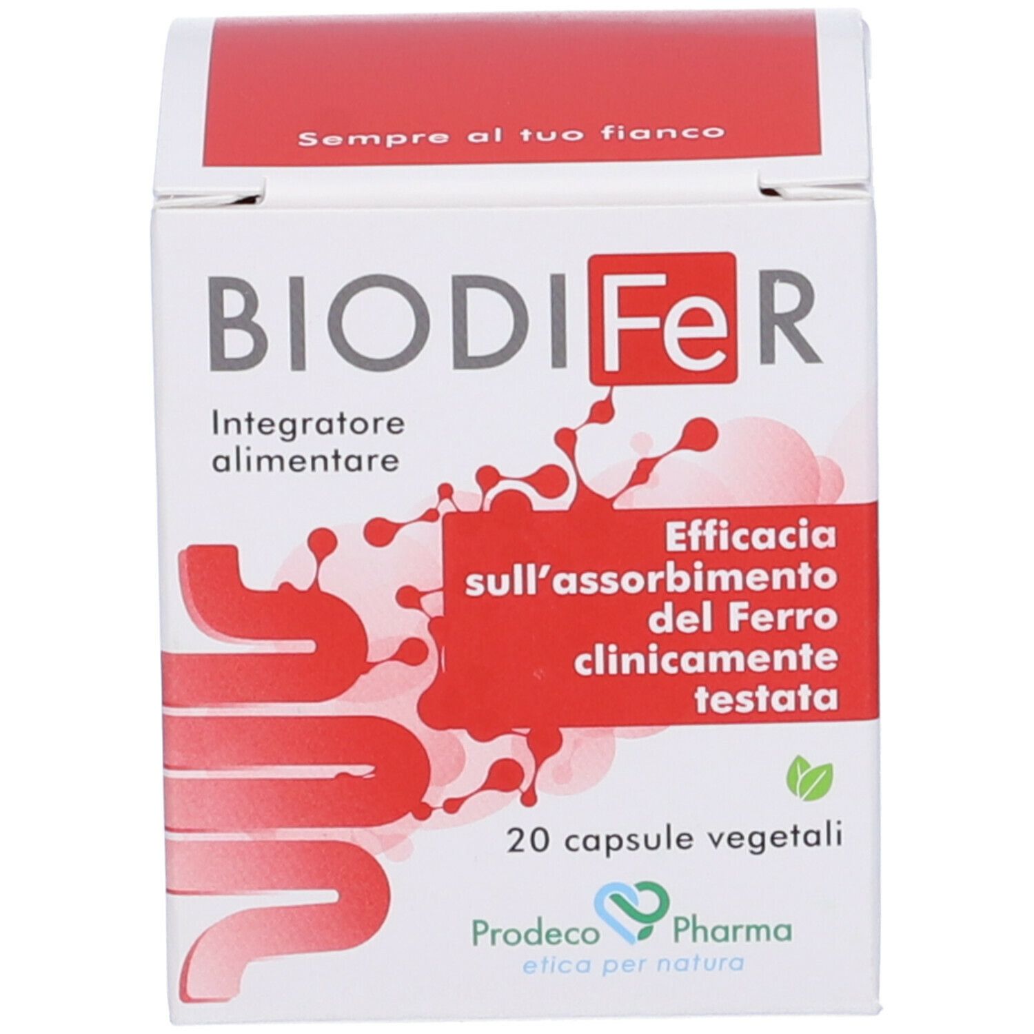 Scatola di BIODIFeR. Stampa rossa con simbolo intestinale e testo. 20 capsule, clinicamente testate.