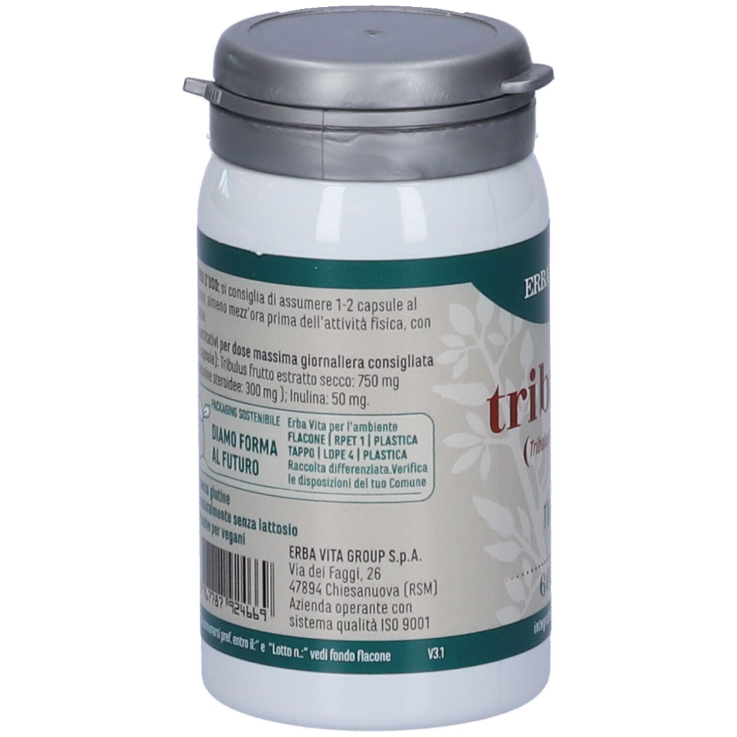 Retro del flacone bianco. Testo con ingredienti e istruzioni per l'uso. Marchio: Erba Vita.