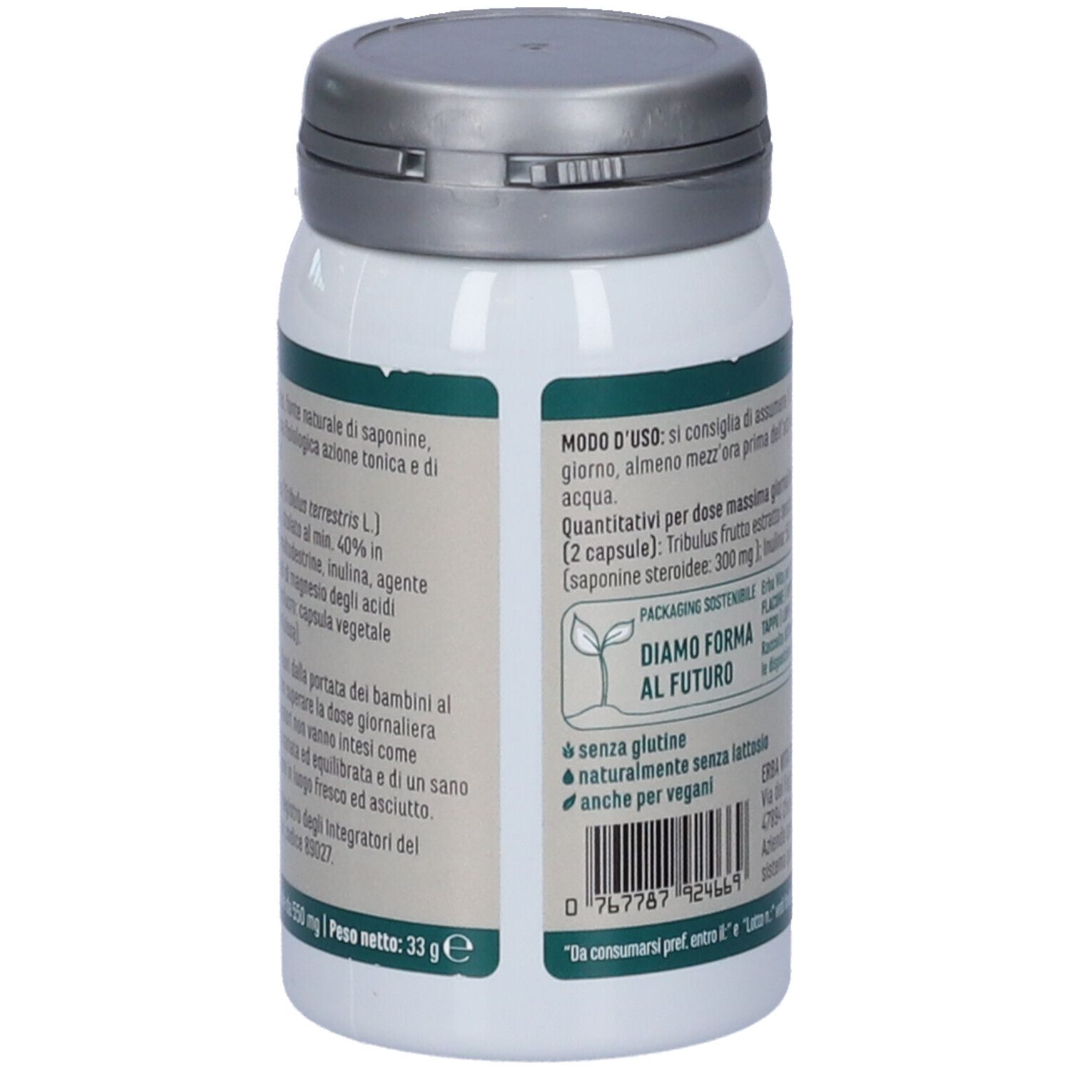 Retro del flacone bianco. Testo con ingredienti e istruzioni per l'uso. Marchio: Erba Vita.