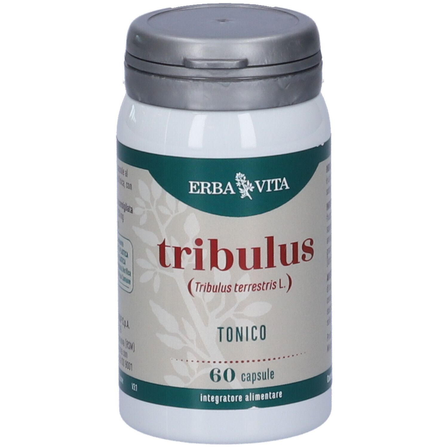 Flacone bianco con coperchio grigio. Scritta "tribulus" e "60 capsule". Marchio: Erba Vita.