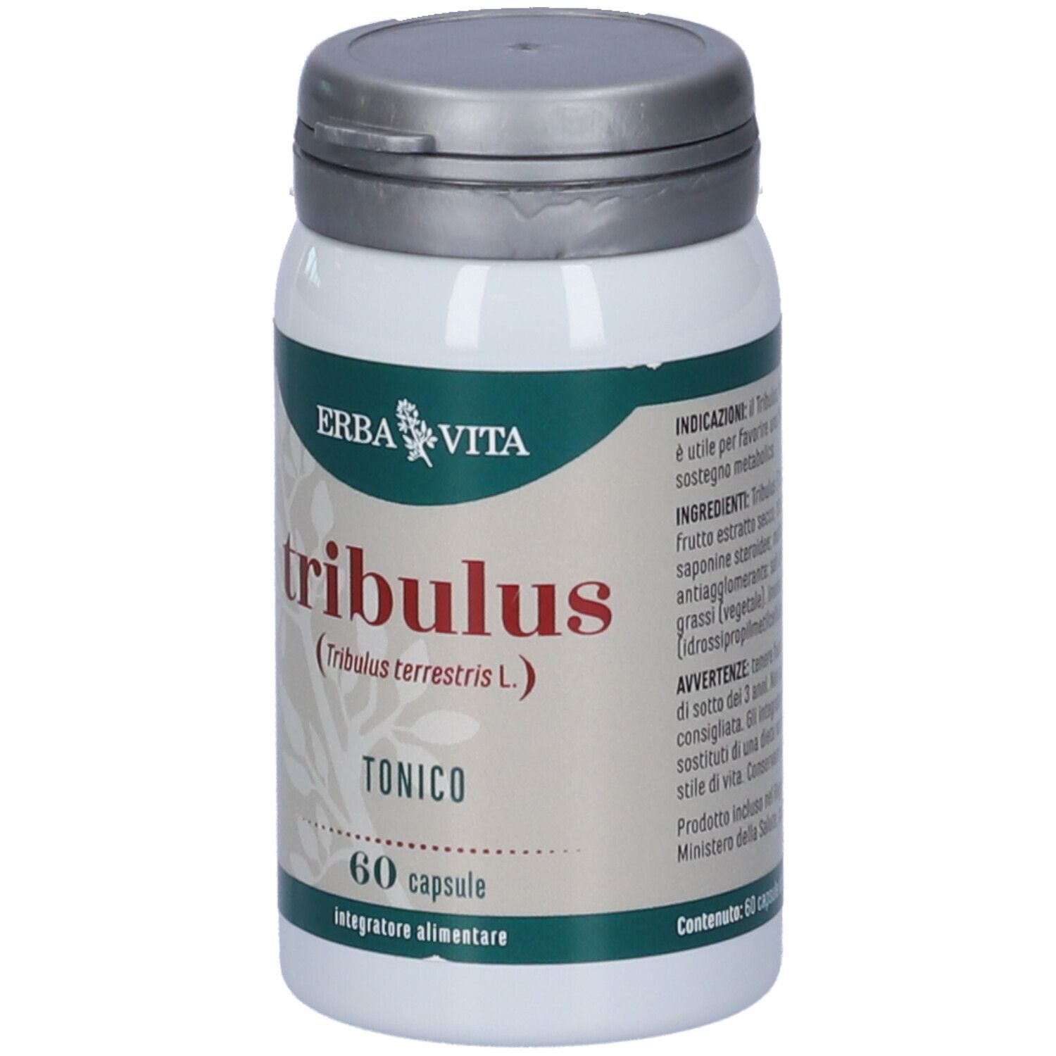 Flacone bianco con coperchio grigio. Scritta "tribulus" e "60 capsule". Marchio: Erba Vita.