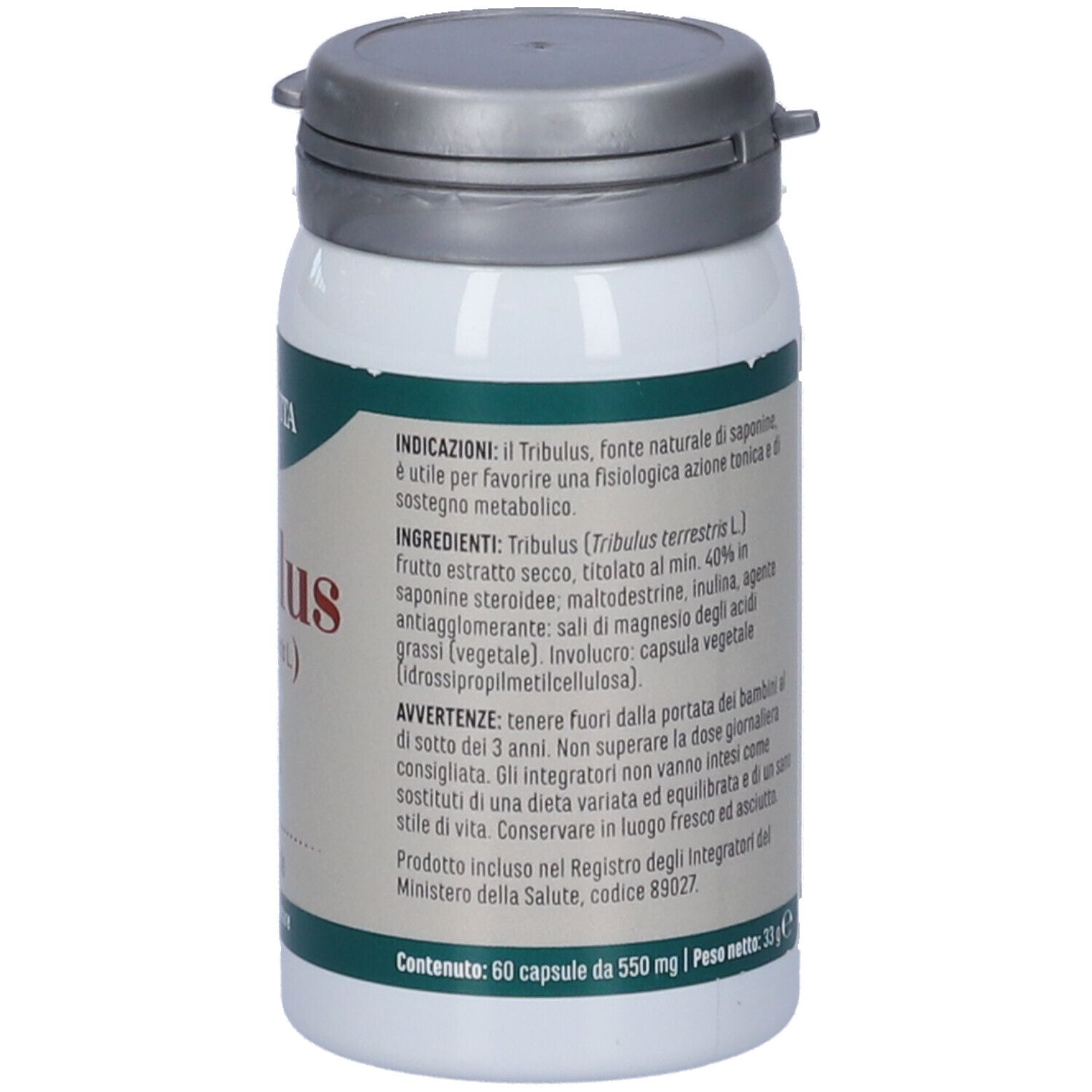 Retro del flacone bianco. Testo con ingredienti e istruzioni per l'uso. Marchio: Erba Vita.