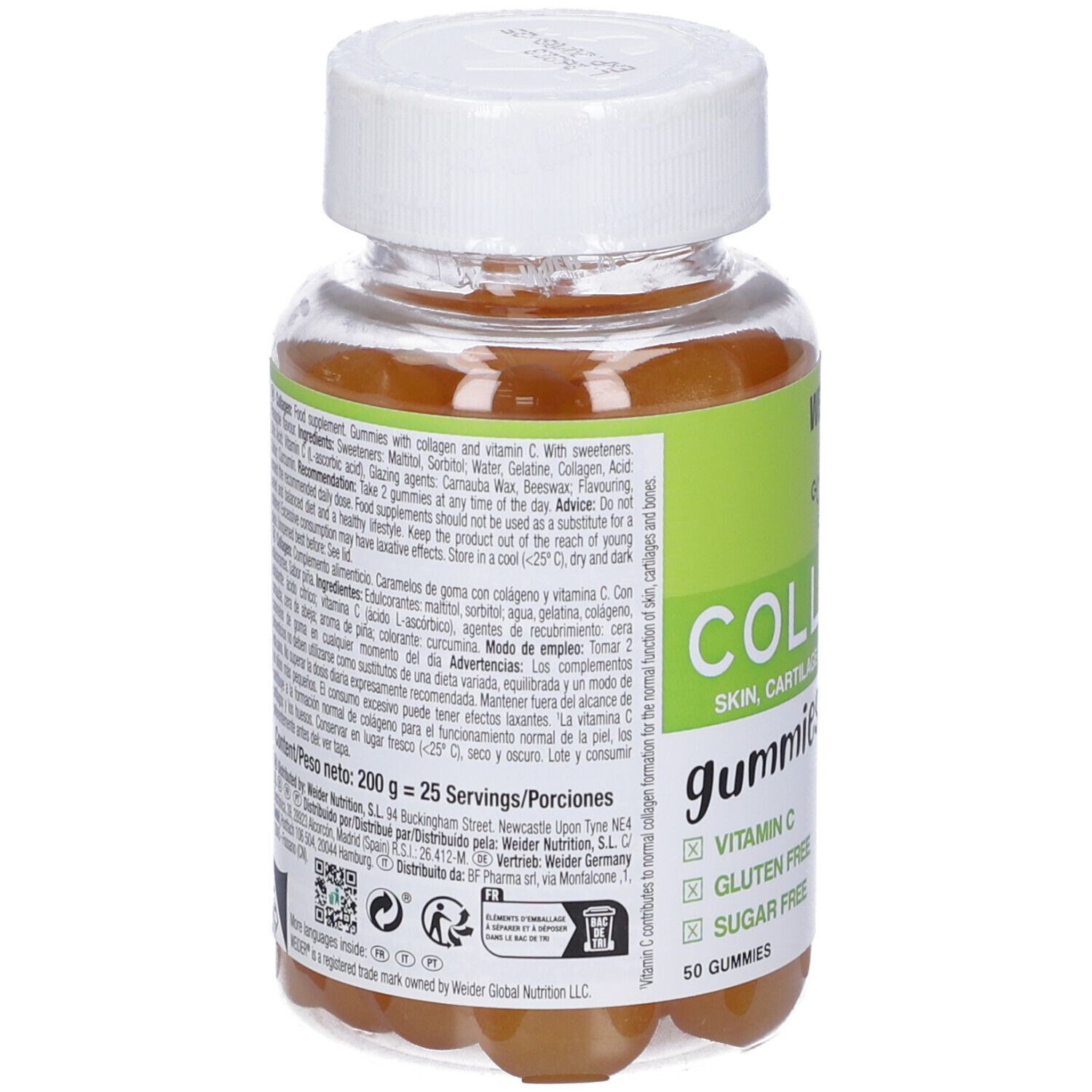 Retro del flacone di Weider Collagen Gummies. Testo con ingredienti e informazioni nutrizionali. 200g, 25 porzioni.