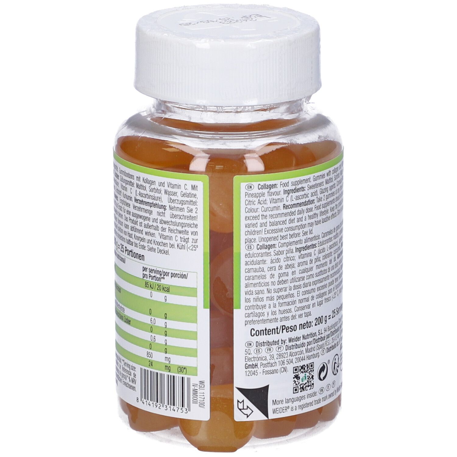 Vista posteriore del flacone di Weider Collagen Gummies. Testo con informazioni nutrizionali. 200g, 25 porzioni. 50 Gummies.