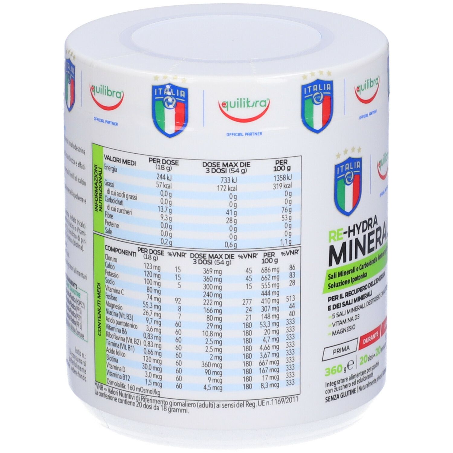 Barattolo cilindrico con informazioni nutrizionali. Logo Equilibra e stemma italiano. Testo in italiano.