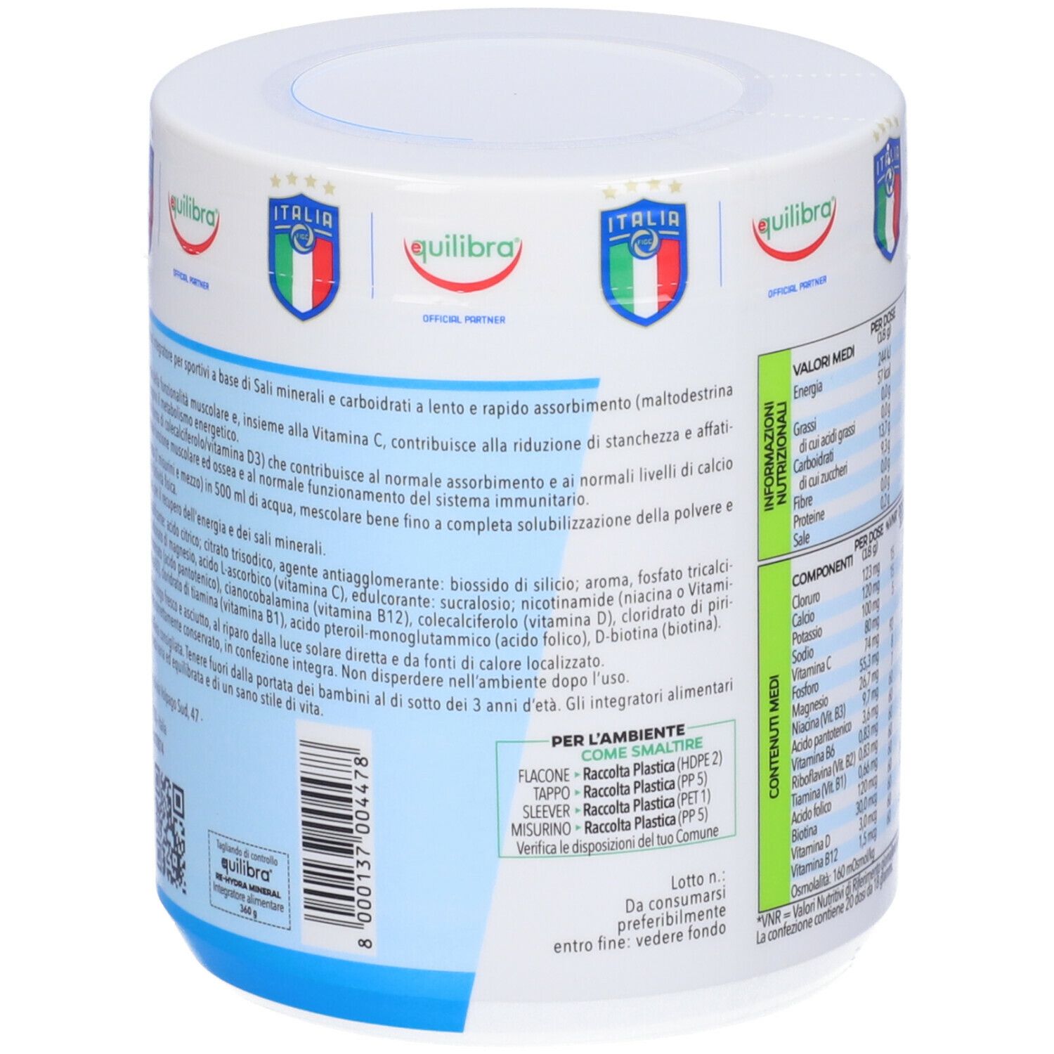 Barattolo cilindrico con testo. Logo Equilibra e stemma italiano. Testo in italiano.