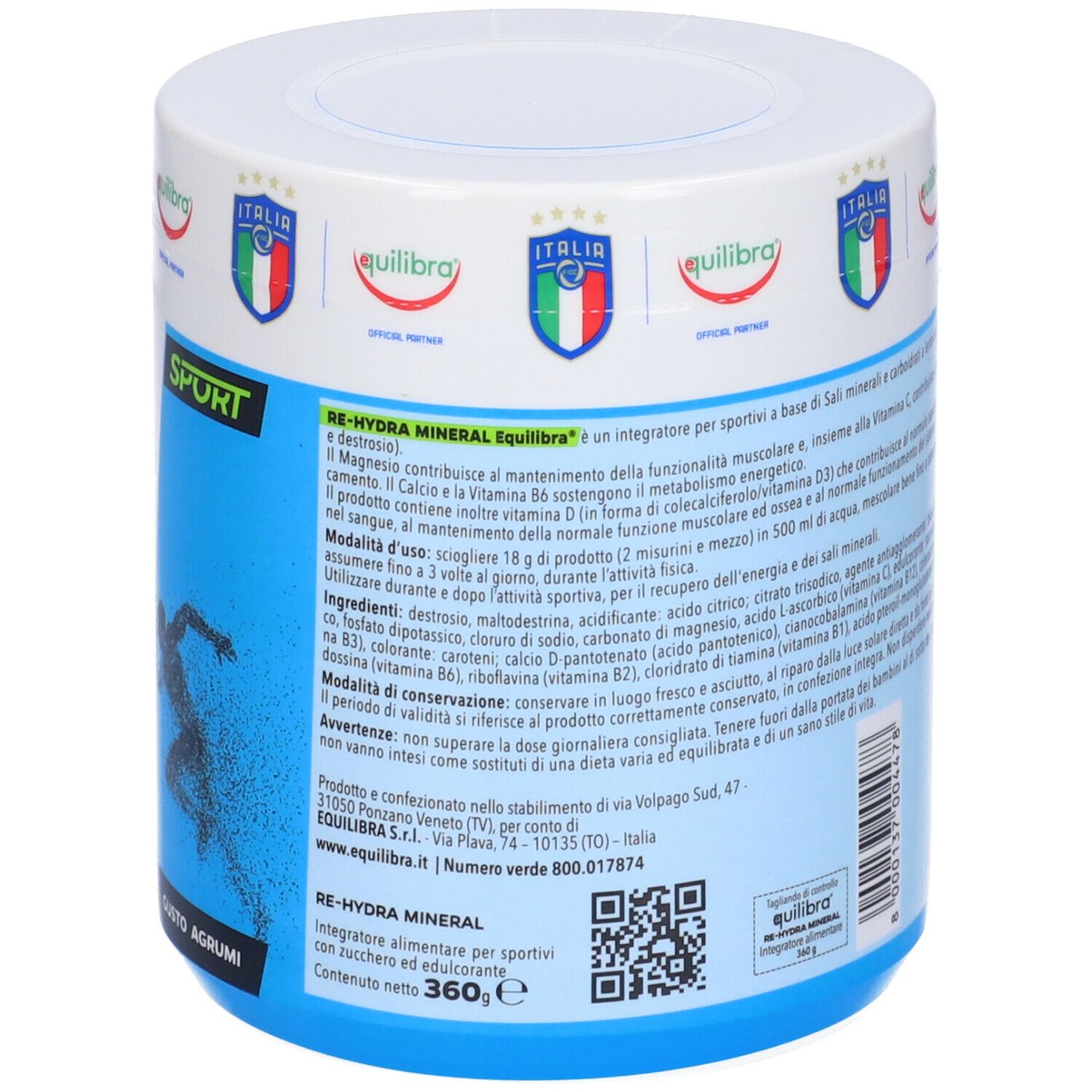 Barattolo cilindrico con testo. Logo Equilibra e stemma italiano. Design sportivo con corridore. Testo in italiano.