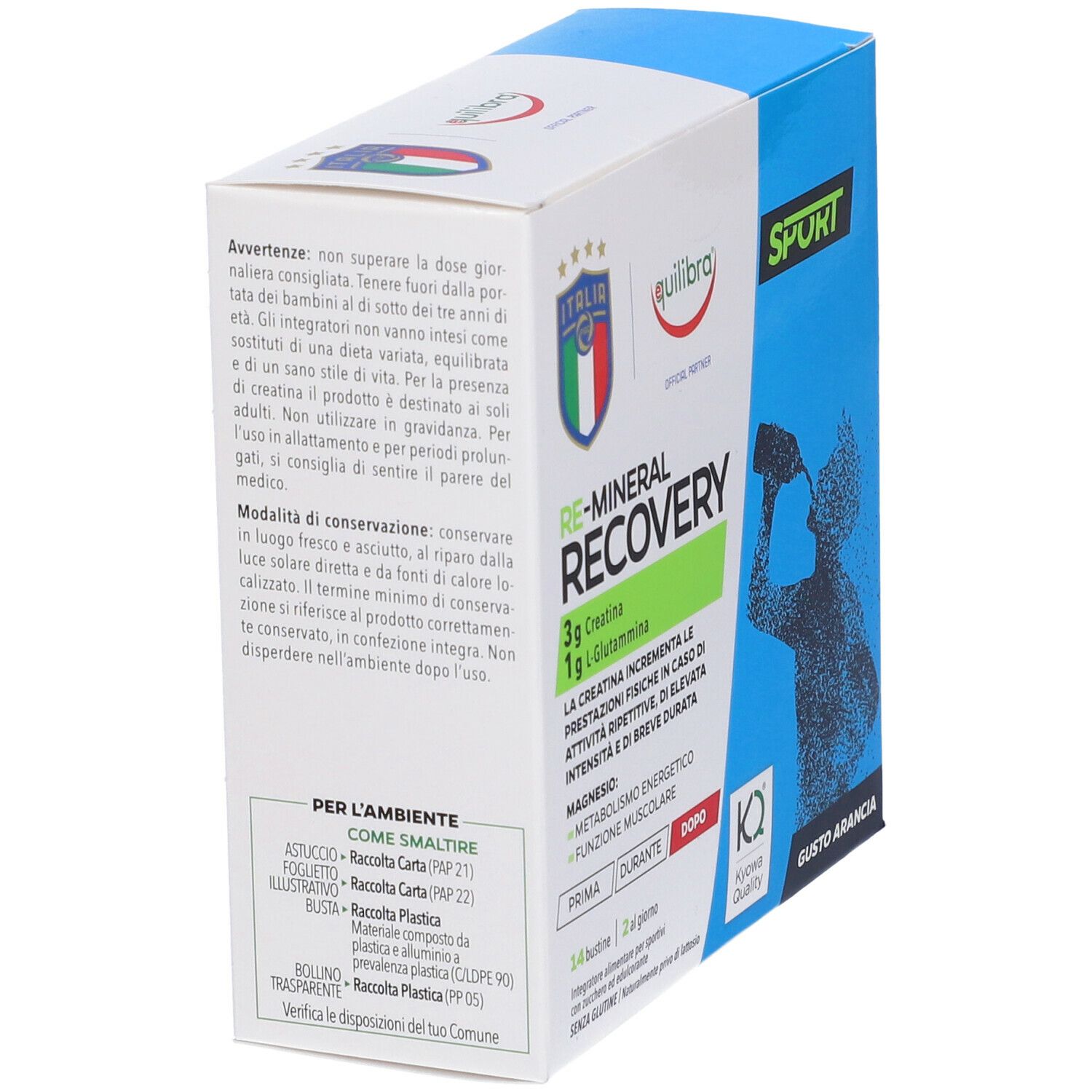 Scatola bianca e blu con nome e logo del prodotto. Testo in italiano. Illustrazione di una persona che beve da una bottiglia.