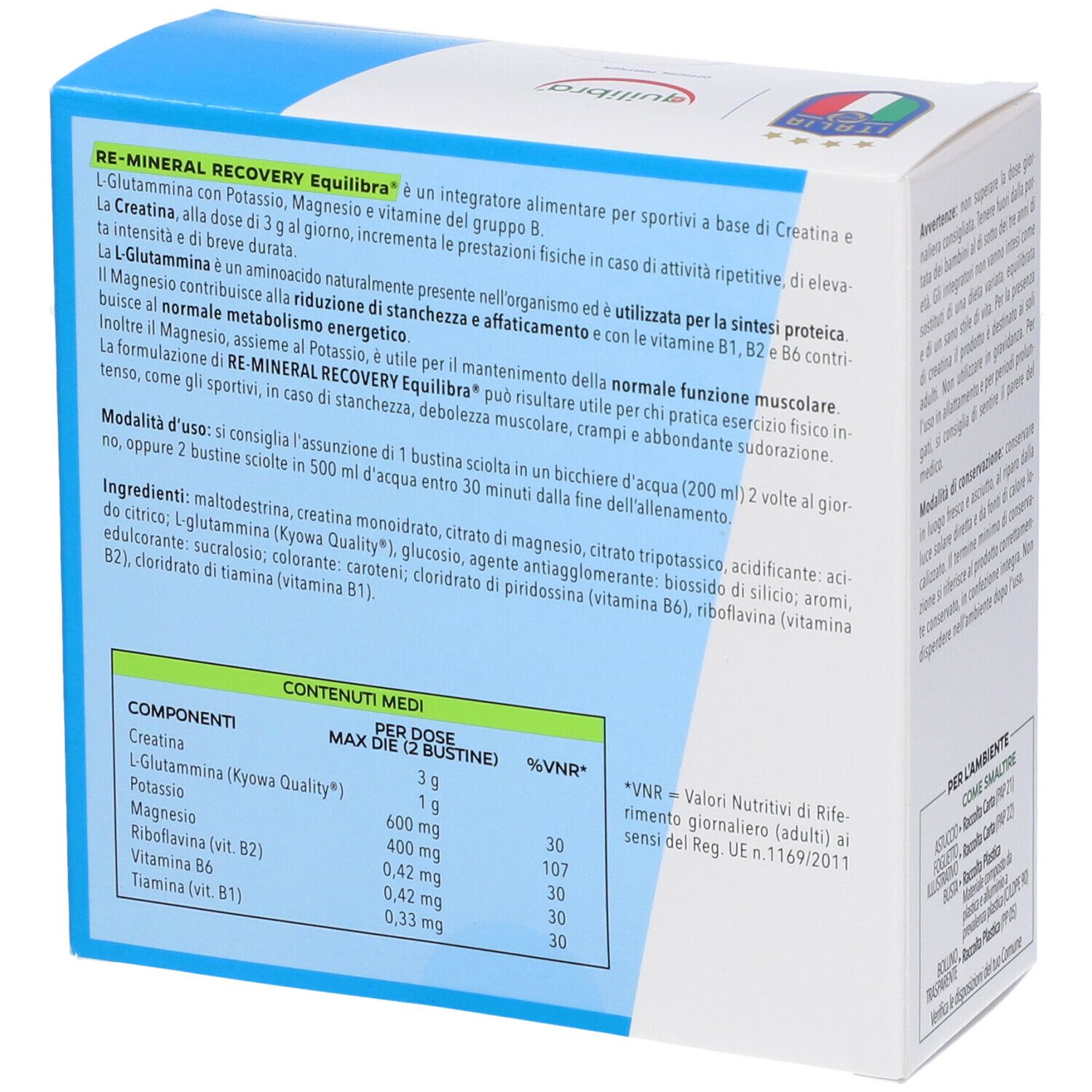 Scatola bianca con nome e logo del prodotto. Testo in italiano. Elenco degli ingredienti e valori nutrizionali.