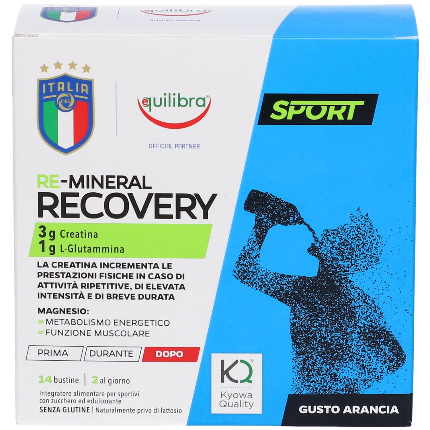 Scatola blu e bianca con nome e logo del prodotto. Illustrazione di una persona che beve da una bottiglia. Testo in italiano.