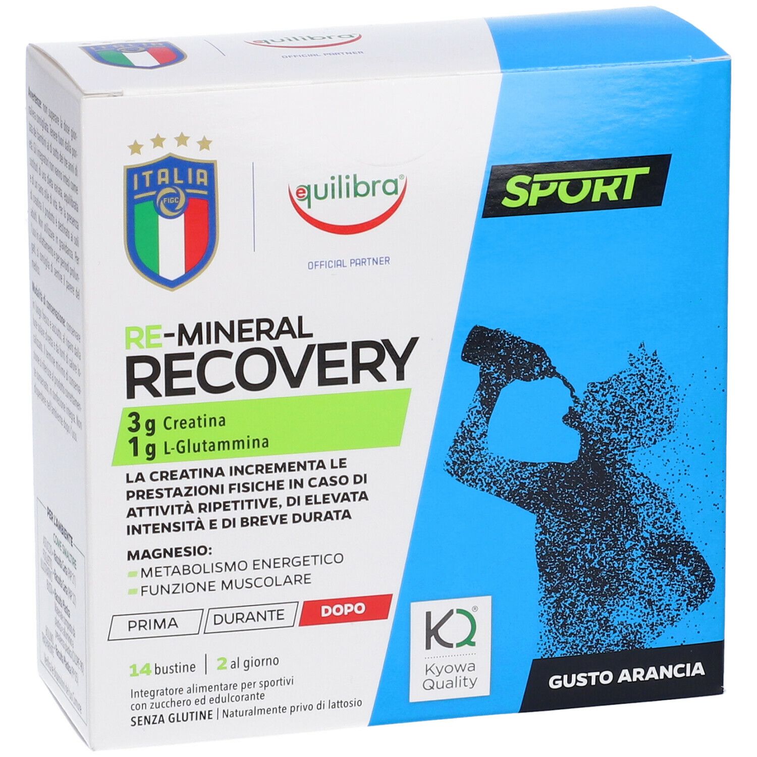 Scatola blu e bianca con nome e logo del prodotto. Illustrazione di una persona che beve da una bottiglia. Testo in italiano.