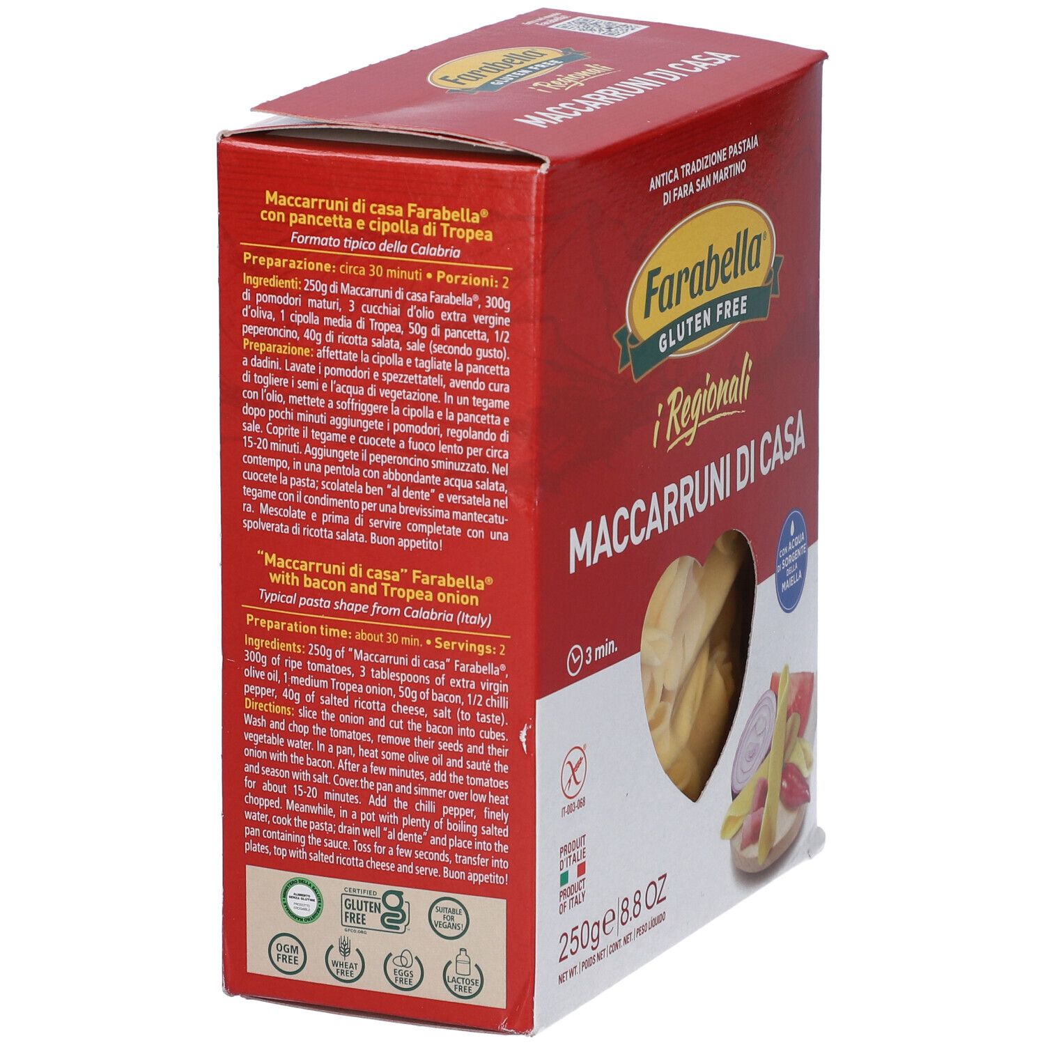 Confezione rossa di pasta Farabella. Testo sul lato. Finestra con maccheroni.