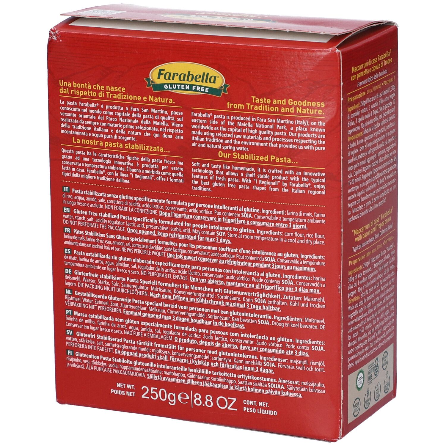 Confezione rossa di pasta Farabella. Testo sul retro. Logo senza glutine.