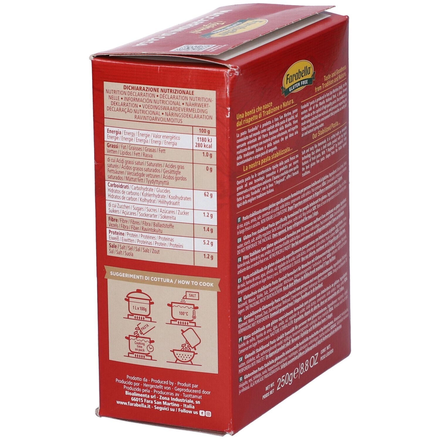 Confezione rossa di pasta Farabella. Informazioni nutrizionali e istruzioni di cottura.