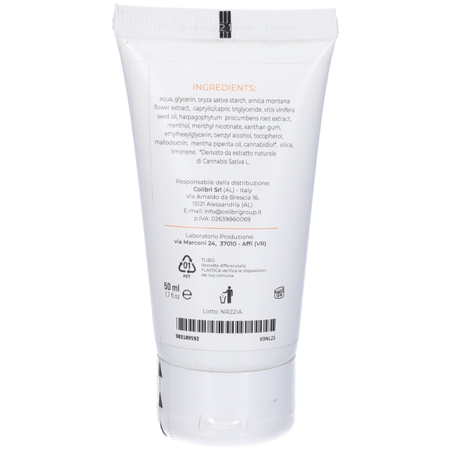 Retro del tubo con ingredienti e informazioni del produttore. 50 ml. Prodotto in Italia.