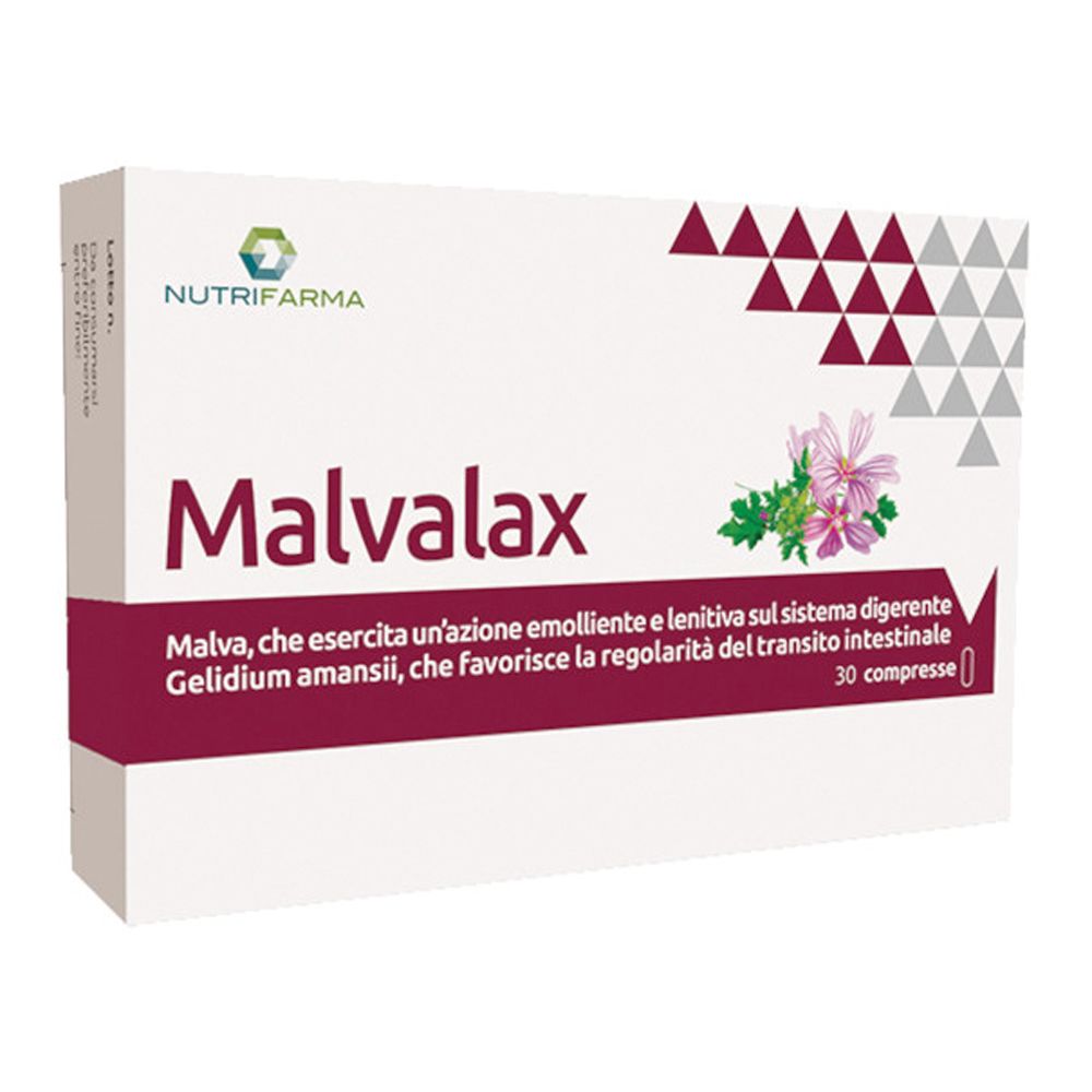 Scatola di Malvalax 30 compresse. Bianca, con logo, nome e descrizione del prodotto. Triangoli rossi e grigi.