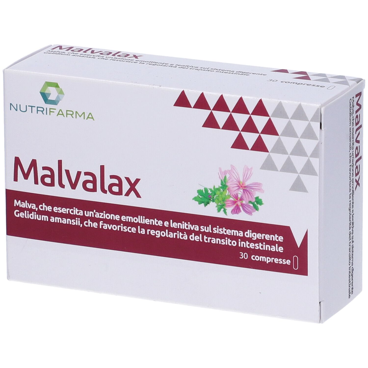 Scatola Malvalax 30 compresse, angolata. Bianca, con logo, nome e descrizione. Triangoli rossi e grigi.