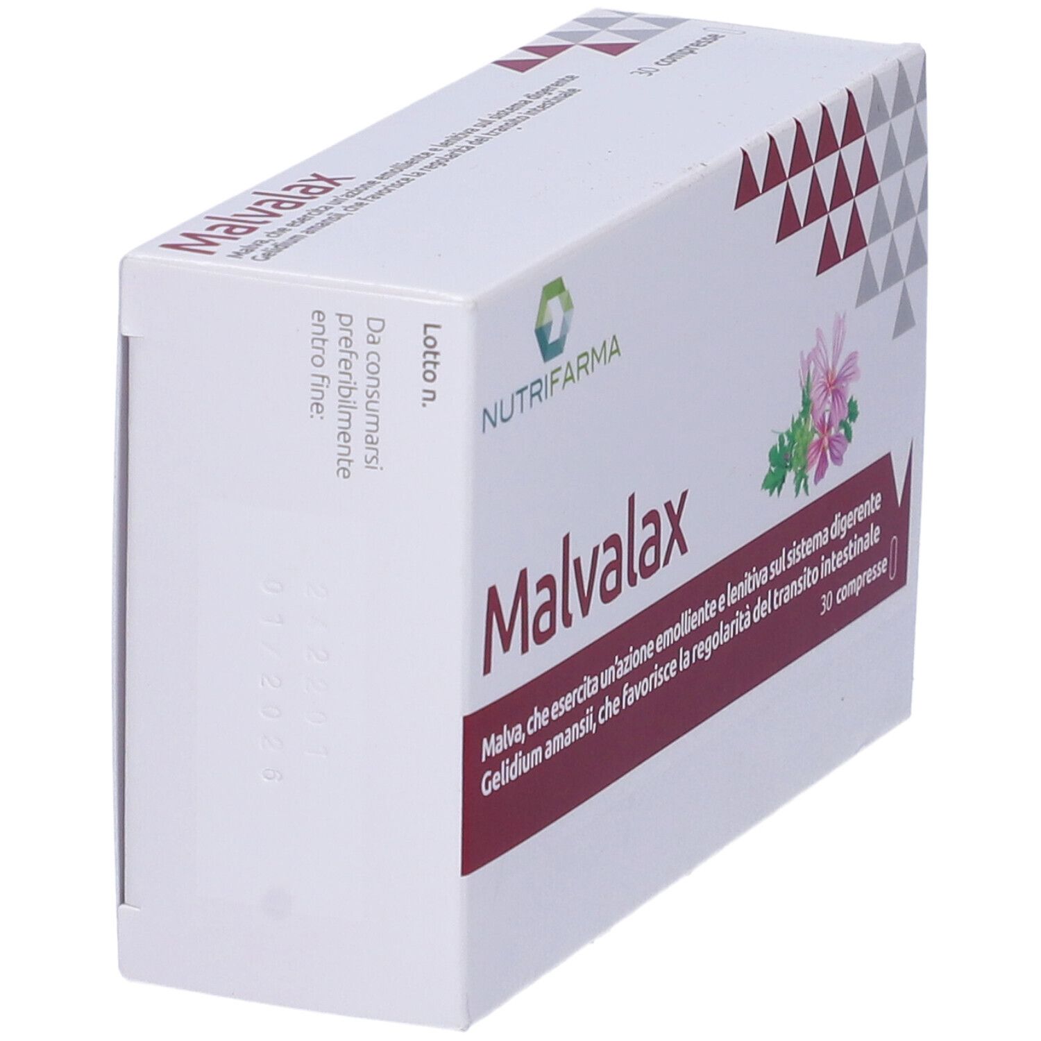 Scatola Malvalax 30 compresse, angolata. Bianca, con logo, nome e descrizione. Triangoli rossi e grigi.
