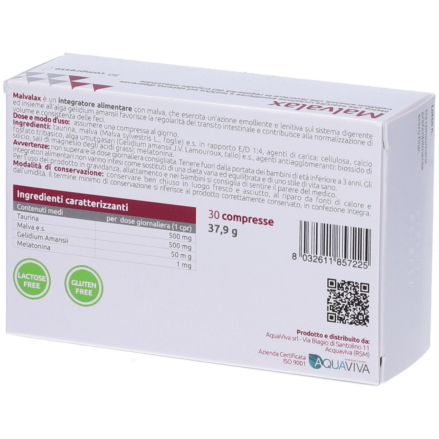 Retro della scatola Malvalax. Contiene ingredienti, informazioni nutrizionali, QR code e certificazioni. 30 compresse.