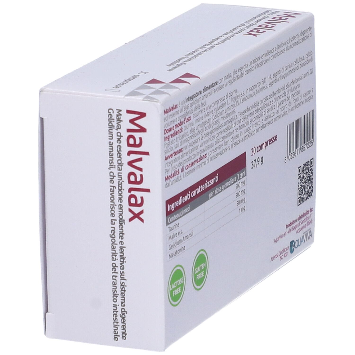 Scatola Malvalax, angolata. Retro con ingredienti, informazioni nutrizionali, QR code e certificazioni. 30 compresse.