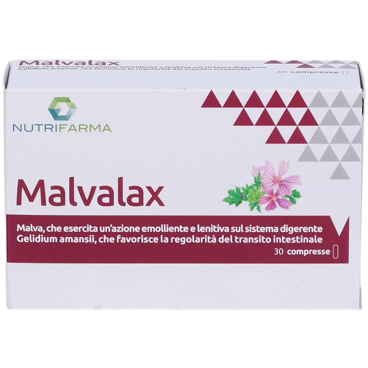 Scatola di Malvalax 30 compresse. Bianca, con logo, nome e descrizione del prodotto. Triangoli rossi e grigi.