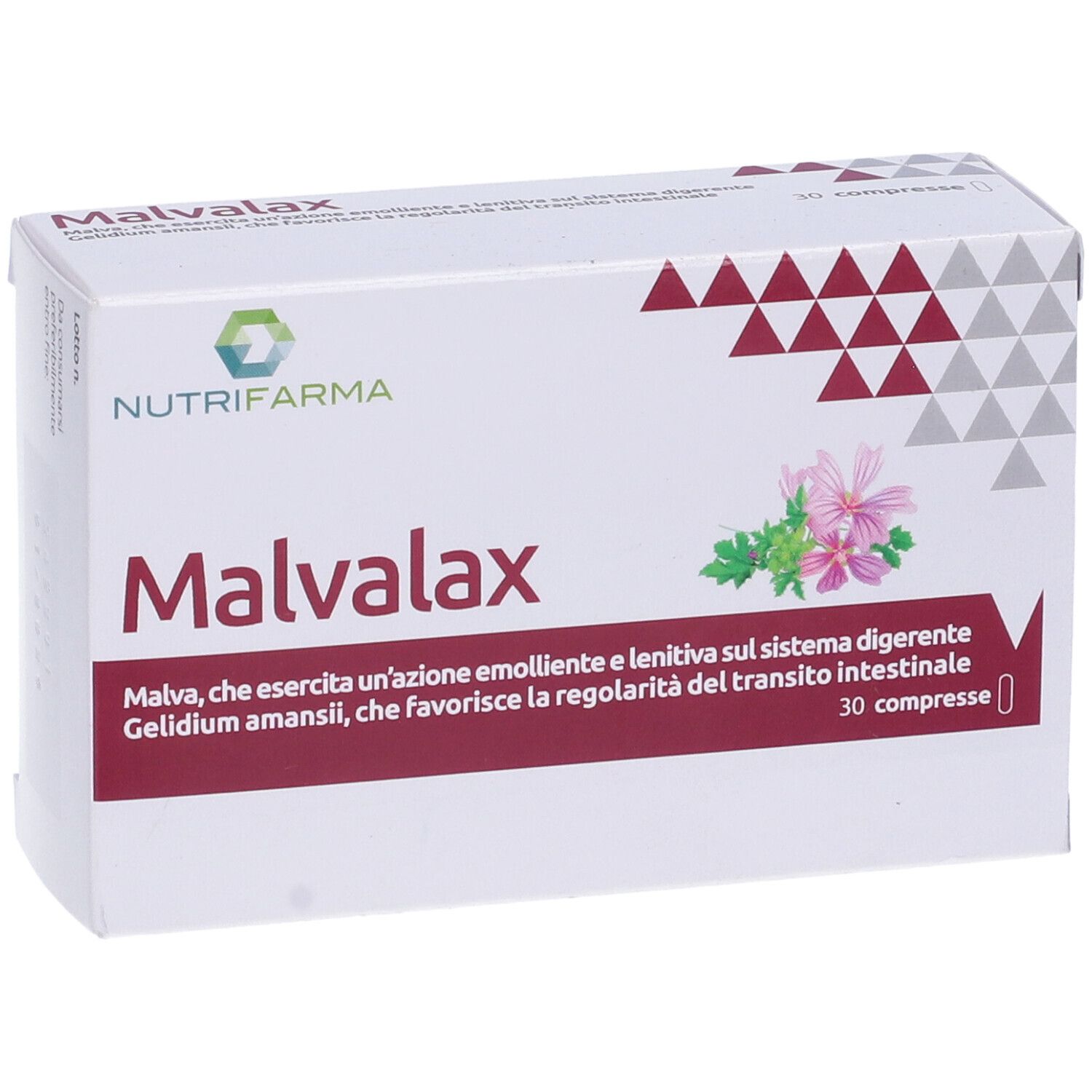 Scatola di Malvalax 30 compresse. Bianca, con logo, nome e descrizione del prodotto. Triangoli rossi e grigi.