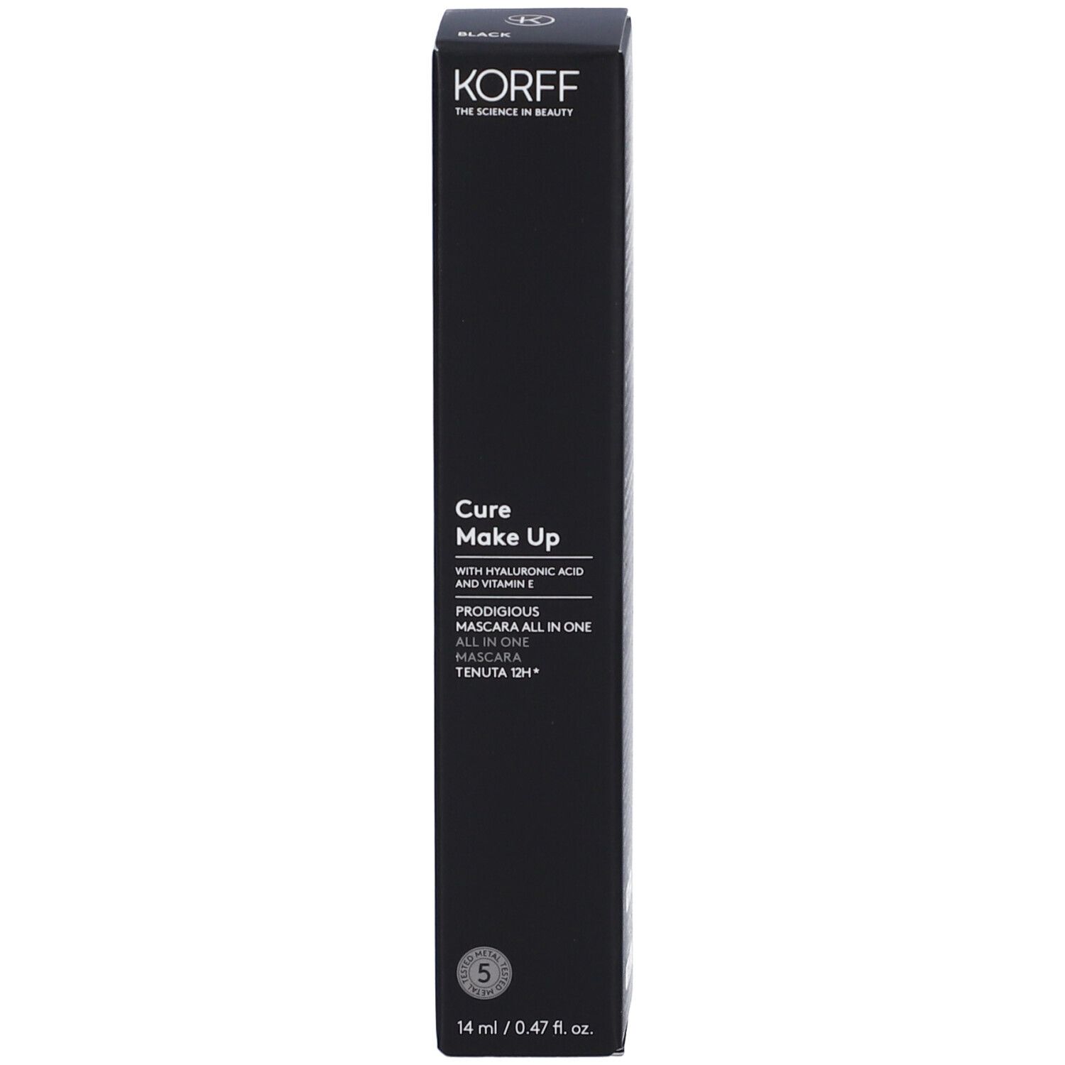 Confezione nera con informazioni sul prodotto. Scritta: KORFF Cure Make Up Prodigious Mascara.