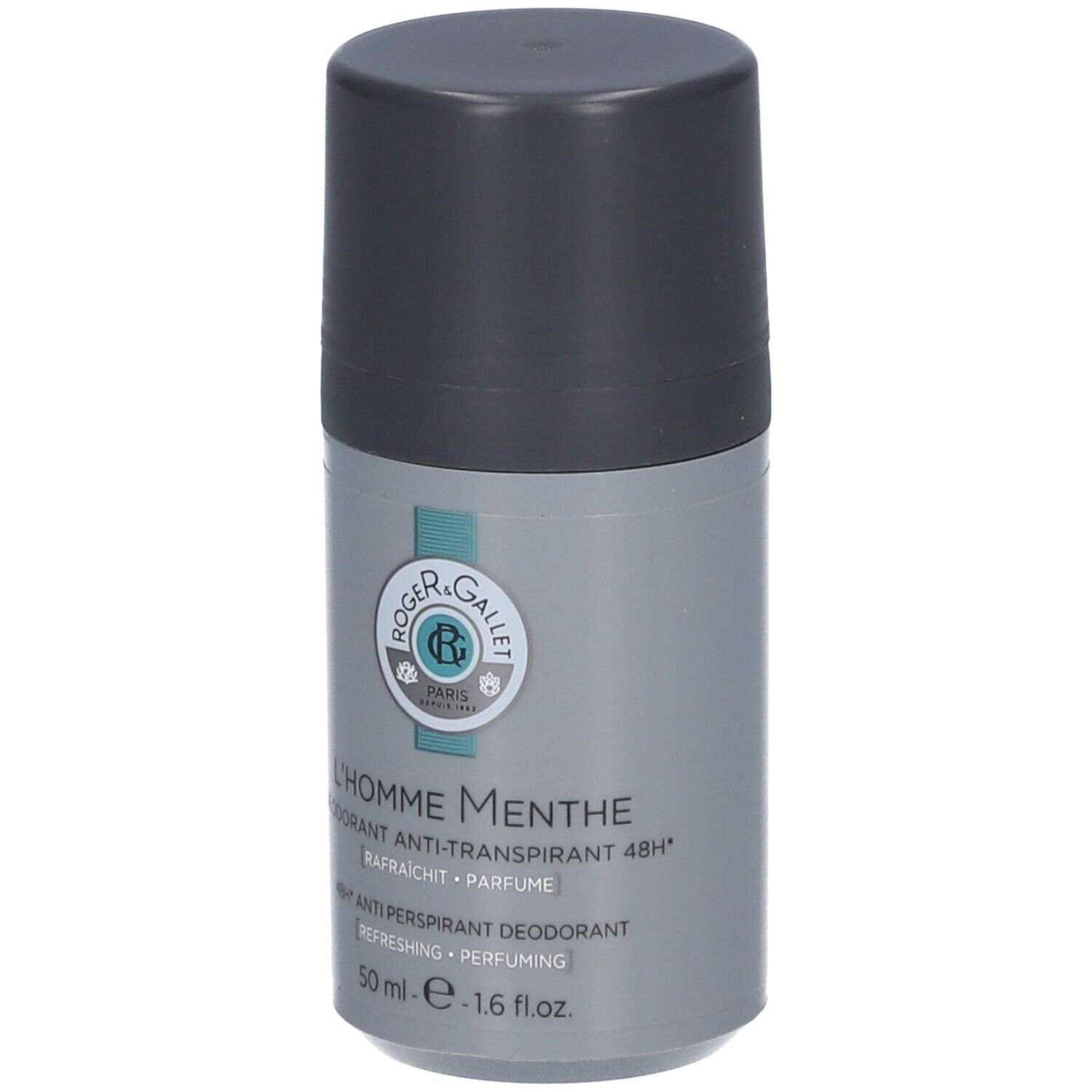 Roll-on deodorante grigio con tappo nero. Scritta: Roger & Gallet, L'Homme Menthe, Deodorante Anti-Transpirant 48H.