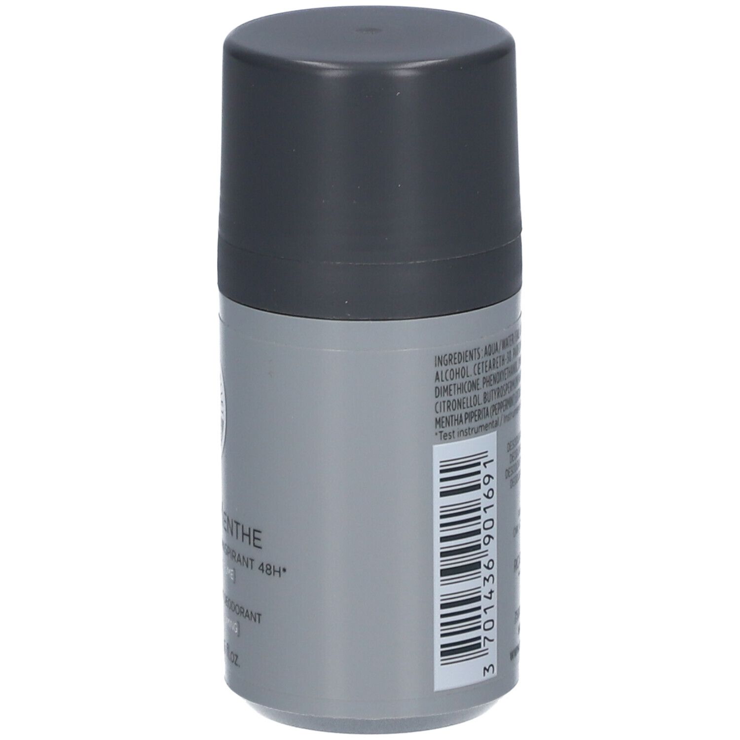 Roll-on deodorante grigio con tappo nero. Sul lato testo e codice a barre. Scritta: Roger & Gallet, L'Homme Menthe.