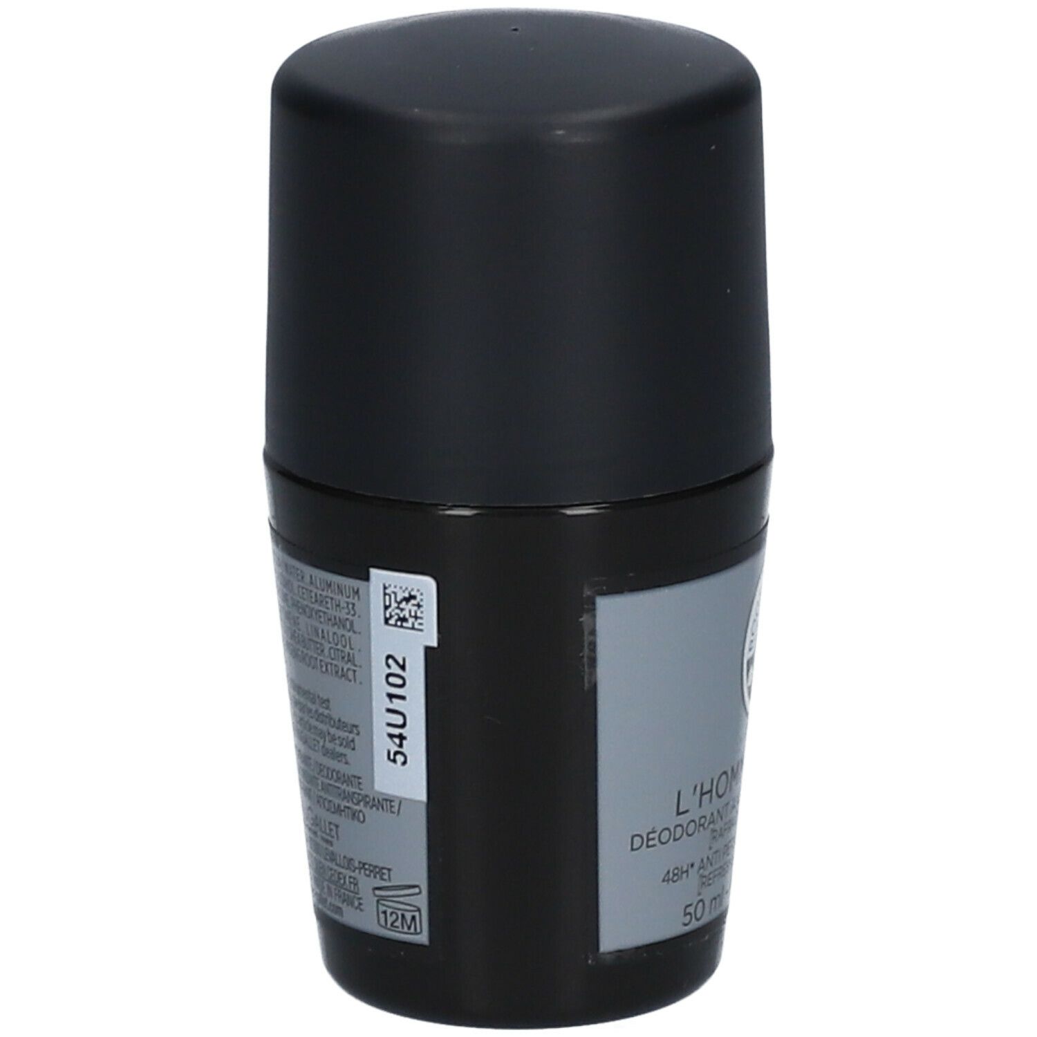 Retro del deodorante roll-on L'Homme Cèdre. Contenitore nero, etichetta grigia con testo. Codice e informazioni di produzione.