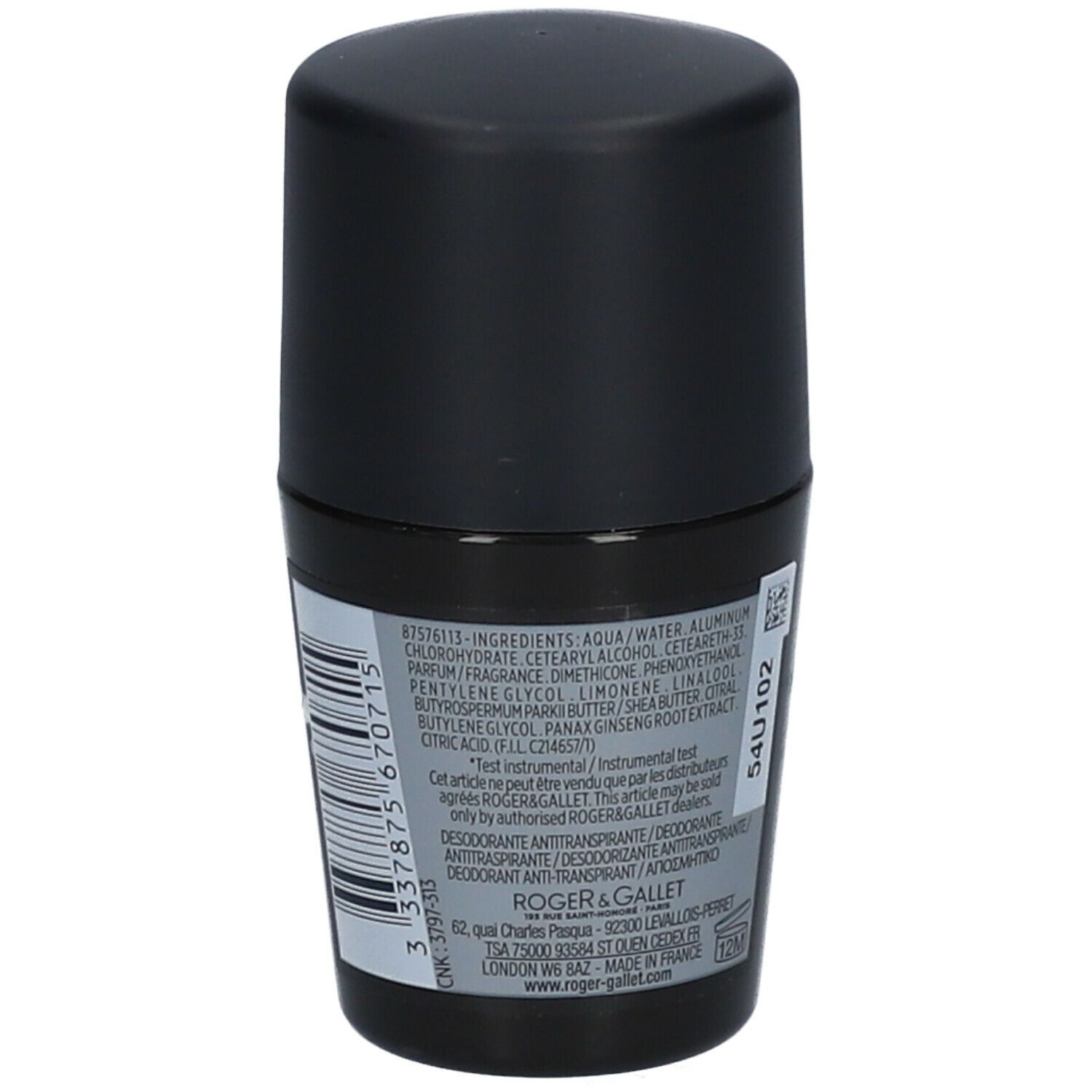 Retro del deodorante roll-on L'Homme Cèdre. Contenitore nero, etichetta grigia con ingredienti e informazioni del produttore.