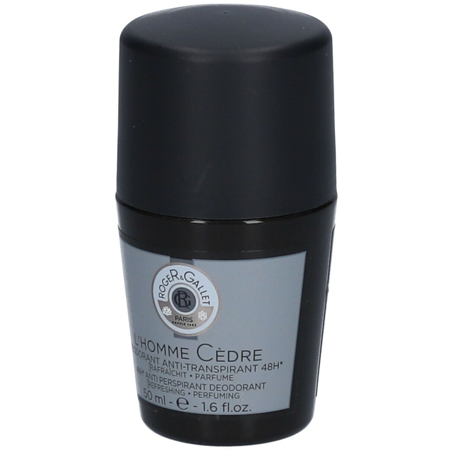 Deodorante roll-on L'Homme Cèdre di Roger & Gallet. Tappo nero, etichetta grigia con nome e logo. 50 ml.