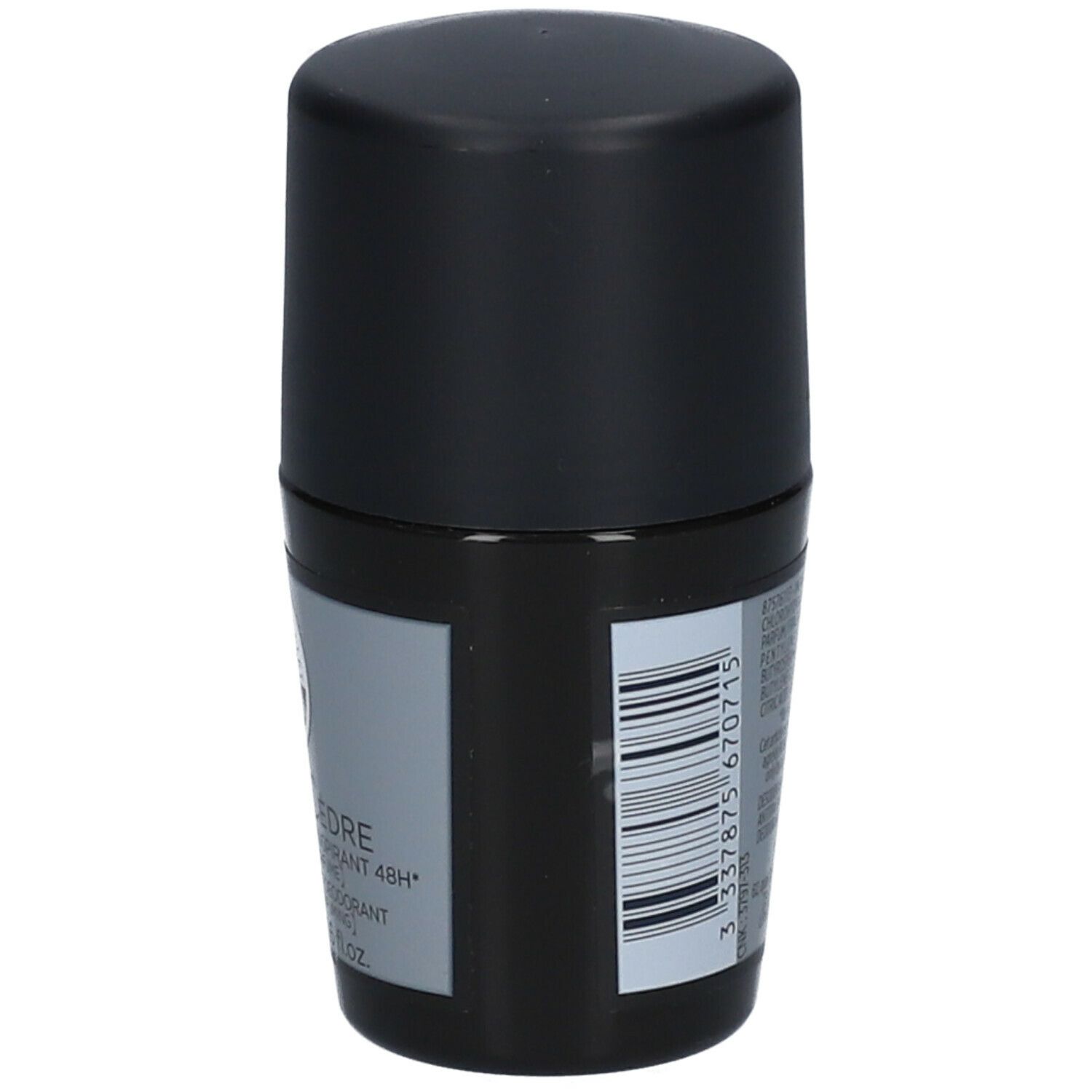 Retro del deodorante roll-on L'Homme Cèdre. Contenitore nero, etichetta grigia con testo e codice a barre.