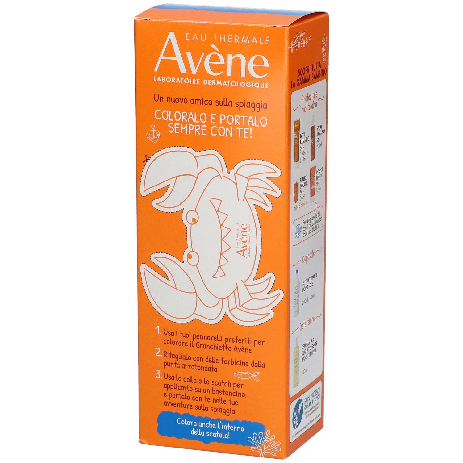 Confezione arancione con illustrazione di un granchio. Contiene istruzioni per colorare e creare.