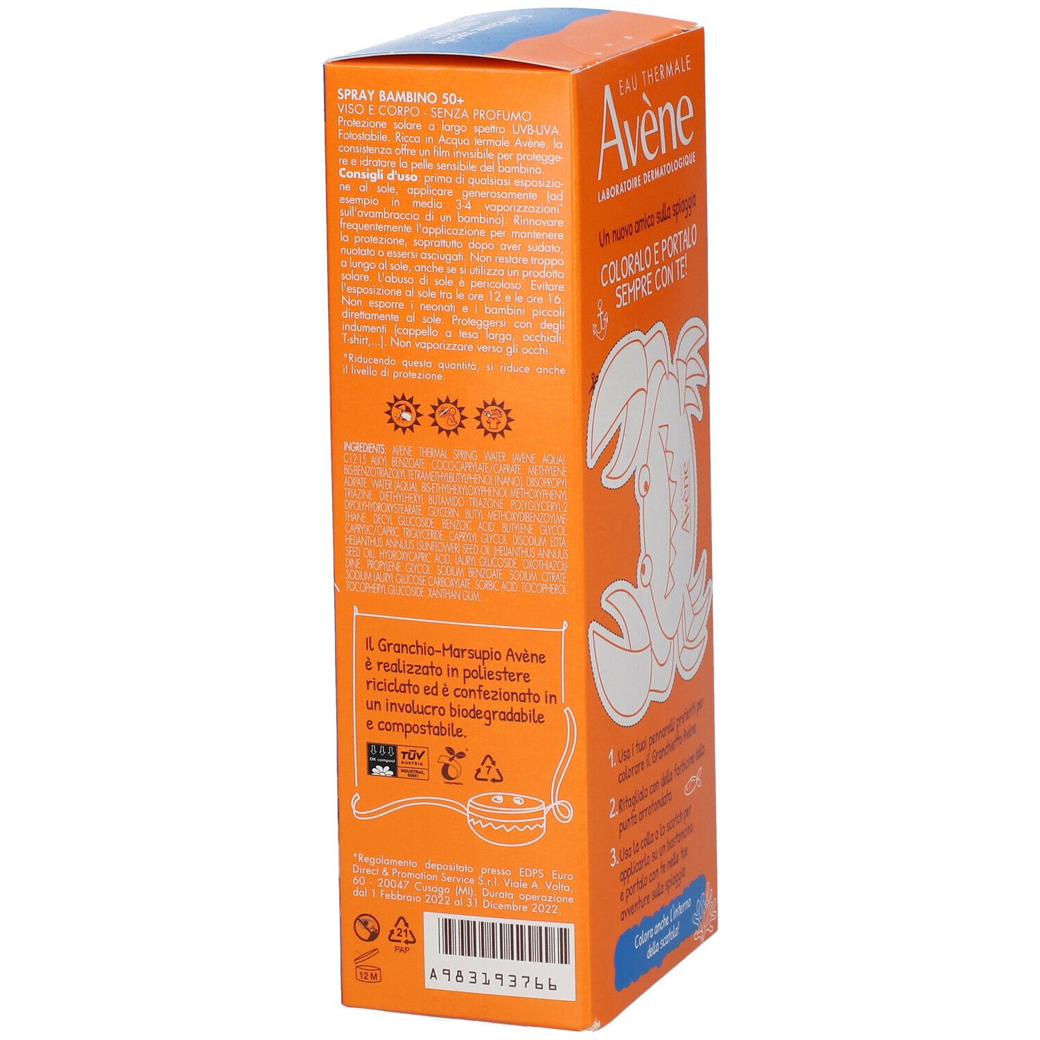 Confezione arancione con testo e illustrazioni. Contiene informazioni sul prodotto e i suoi ingredienti.